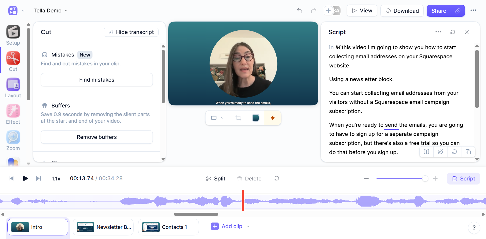 Screenshot of the Tella video editor with gray-border