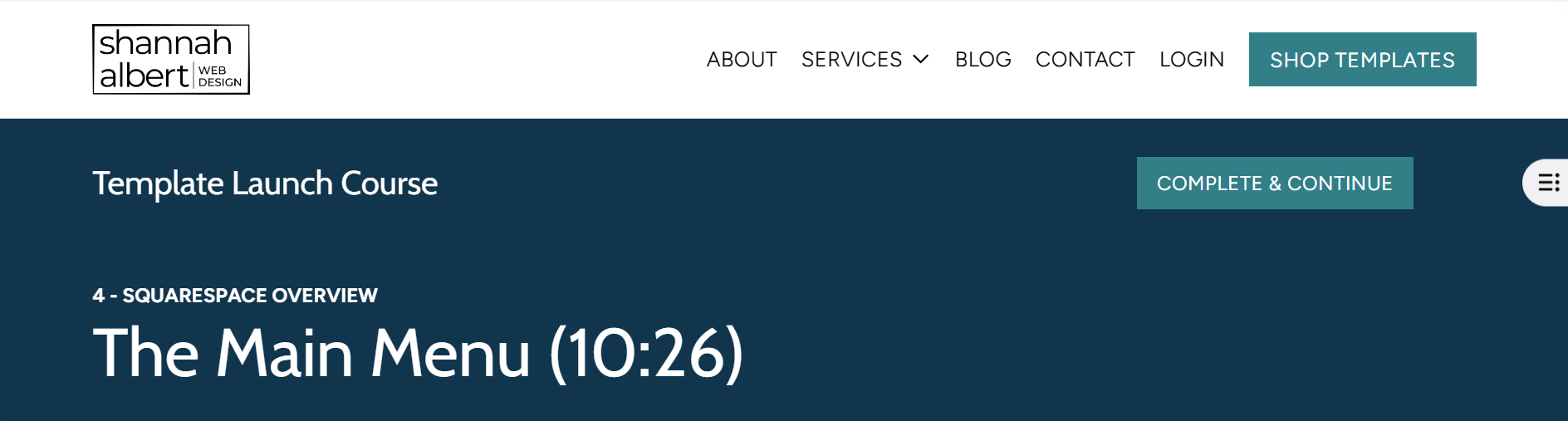 Screen shot of Squarespace Courses lesson header with website navigation with gray-border