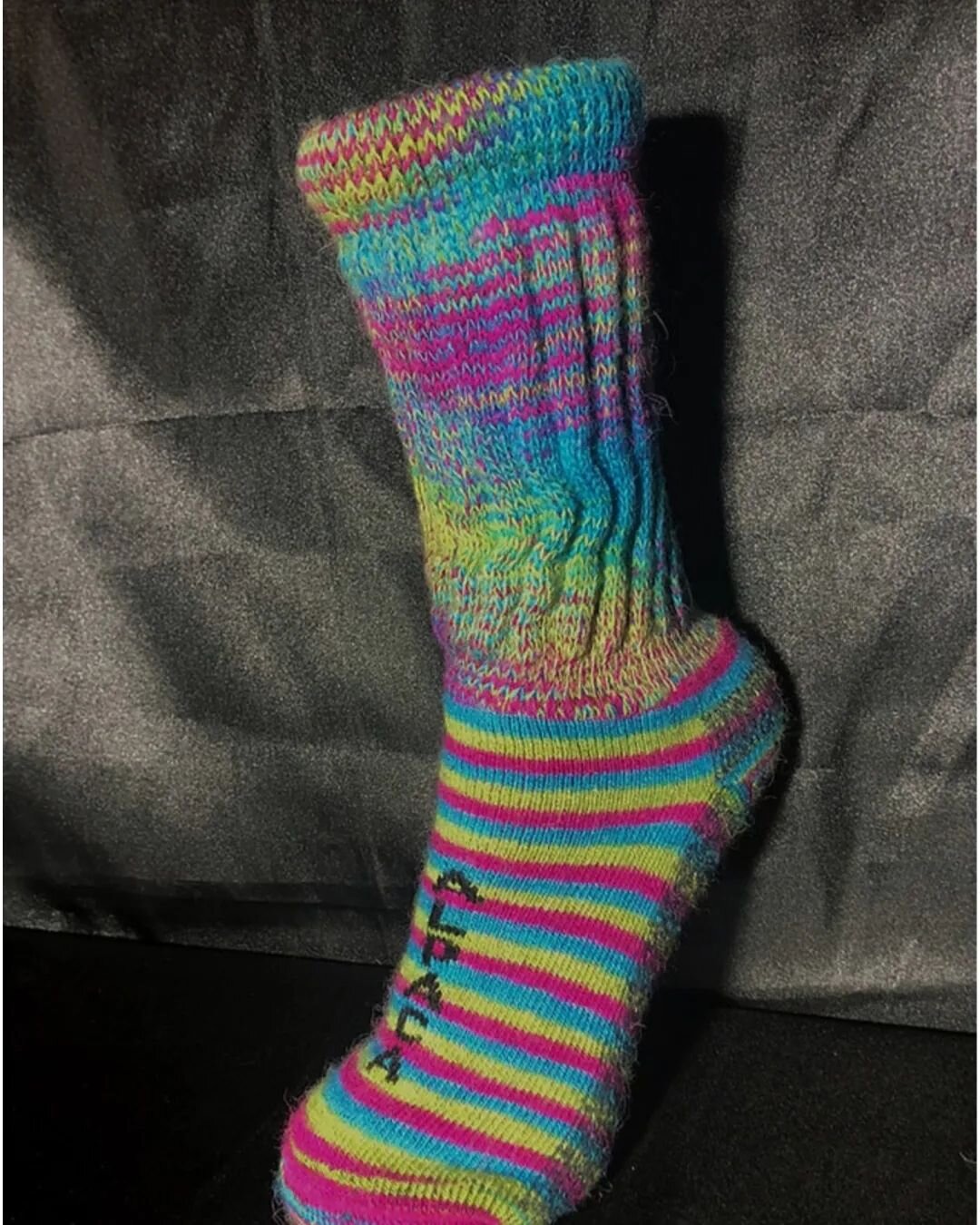 New socks! Extra padding on the bottom and extra stretch on the top make these perfect for anyone with large calfs or for diabetics too. $22  We are open Tuesdays and Saturdays 10-5.  #rainbowalpaca socks #alpacas #alpacafarmstore #graystoneridgealpa