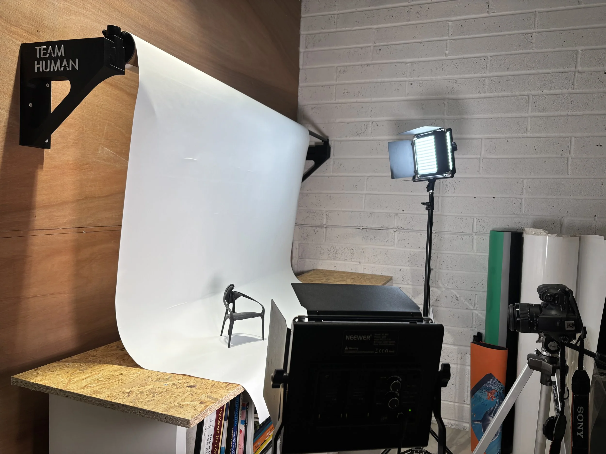 Team Human Photo bay - hero shot infinity wall photography studio space. Multiple backdrops and professional lighting.