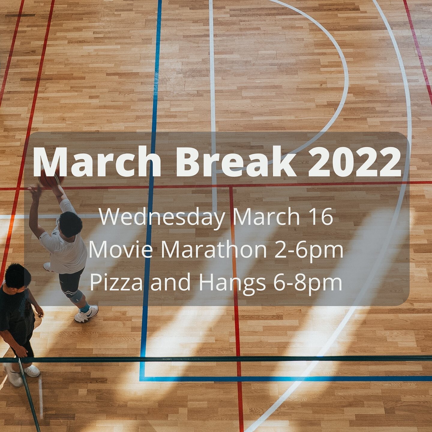 That&rsquo;s right! Youth is not canceled over March break! Instead we&rsquo;re having a day to hang out. There will be a movie marathon from 2-6 with loads of snacks, and then we&rsquo;ll have pizza and open the gym from 6-8. Whether you can come fo