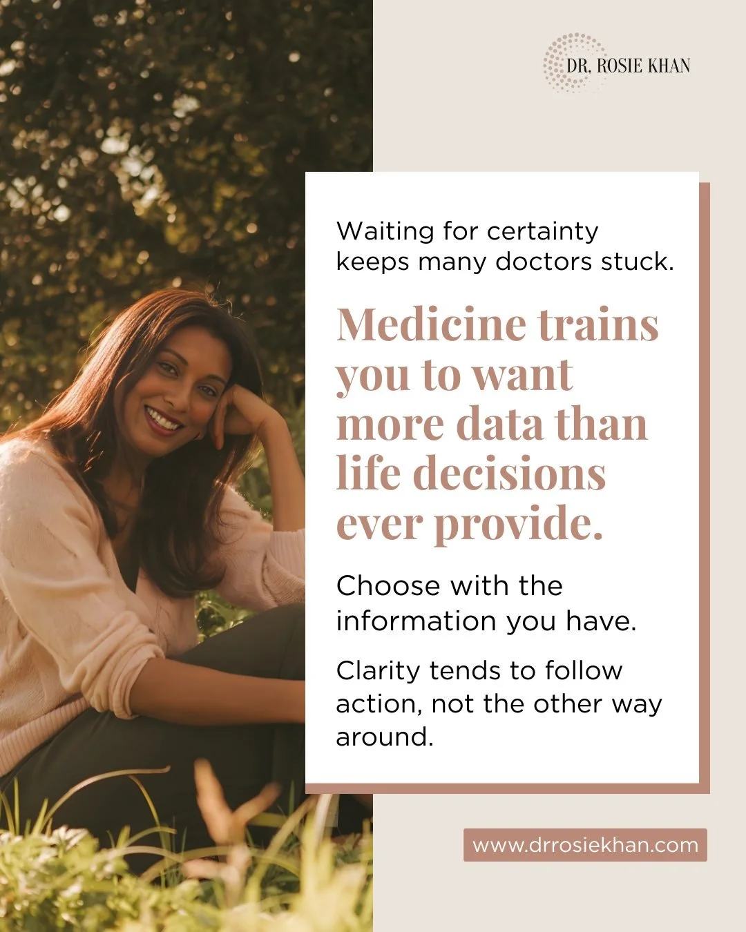 Medicine trains doctors to analyse.
That skill saves lives.

Outside of work, it can quietly keep you stuck.

Endless what-ifs. Mental loops. Waiting for certainty that rarely comes.

Most career and life decisions aren&rsquo;t right or wrong.
They&r