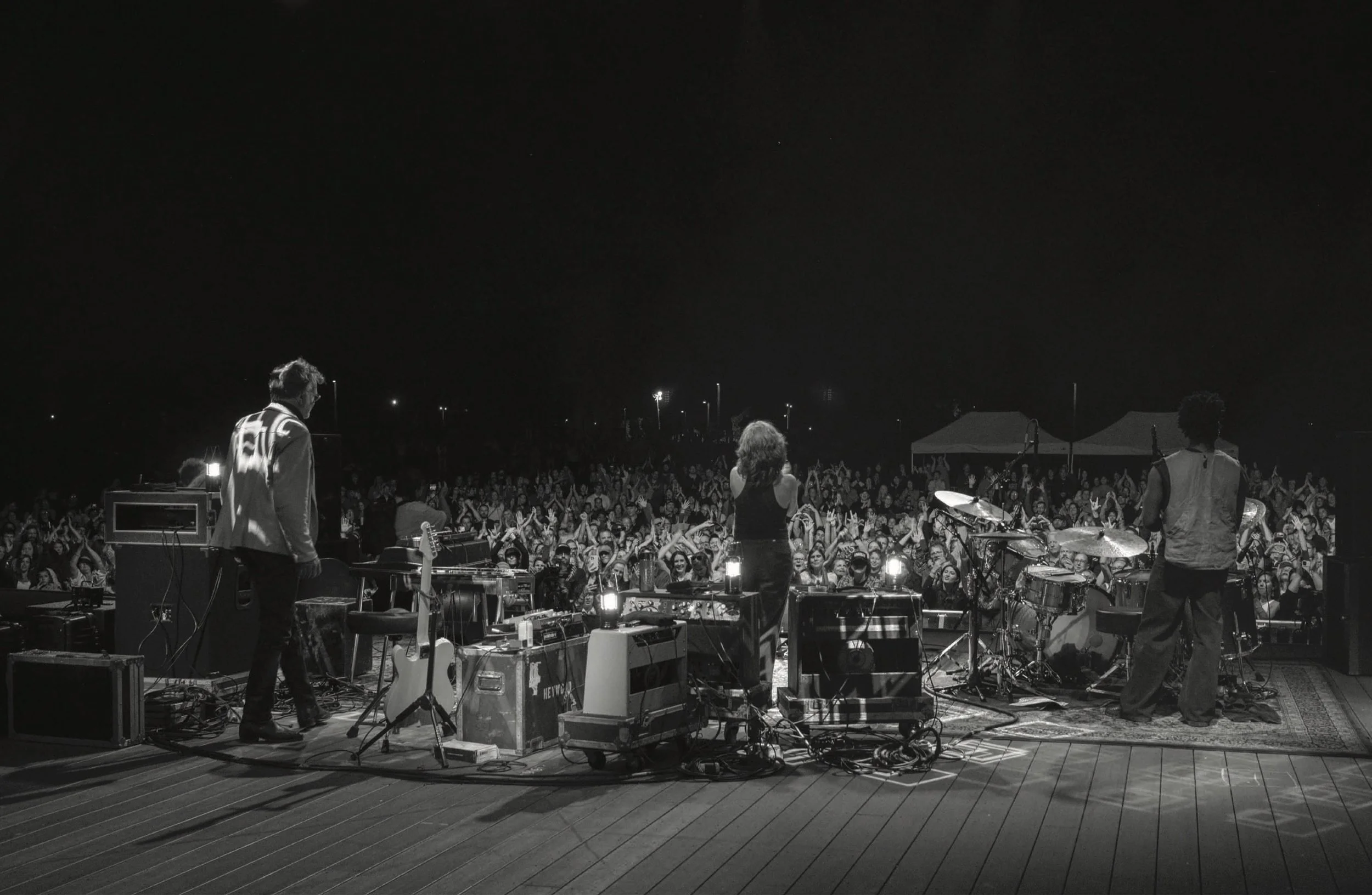 black and white photo, from backstage, of ani difranco looking out at a crowd