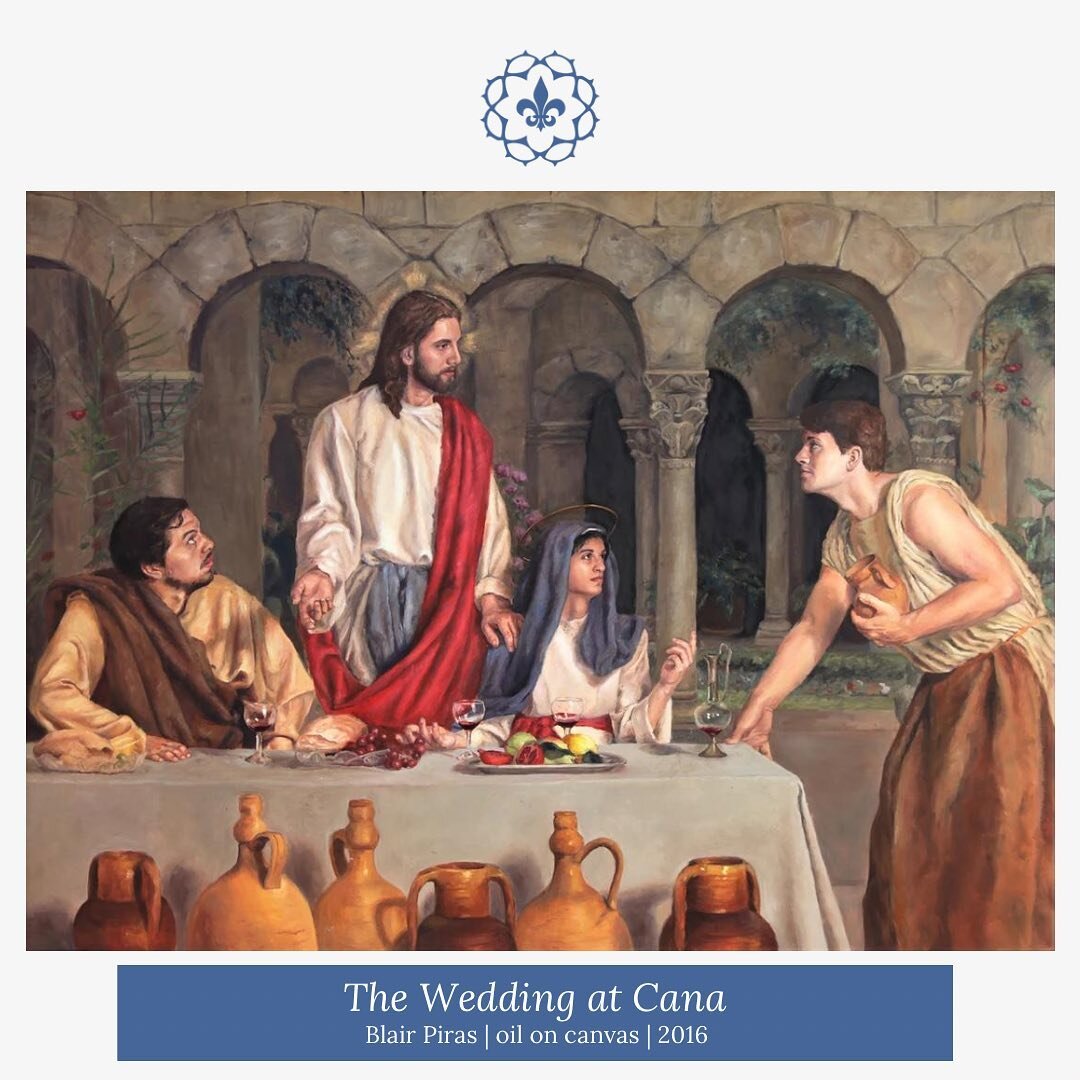 In today&rsquo;s reading, Jesus asks, &ldquo;Can you make the wedding guests fast
while the bridegroom is with them?&rdquo; This recurring image of the wedding feast recalls Jesus&rsquo; first miracle, depicted by SL9 Artist Blair Piras in her oil pa