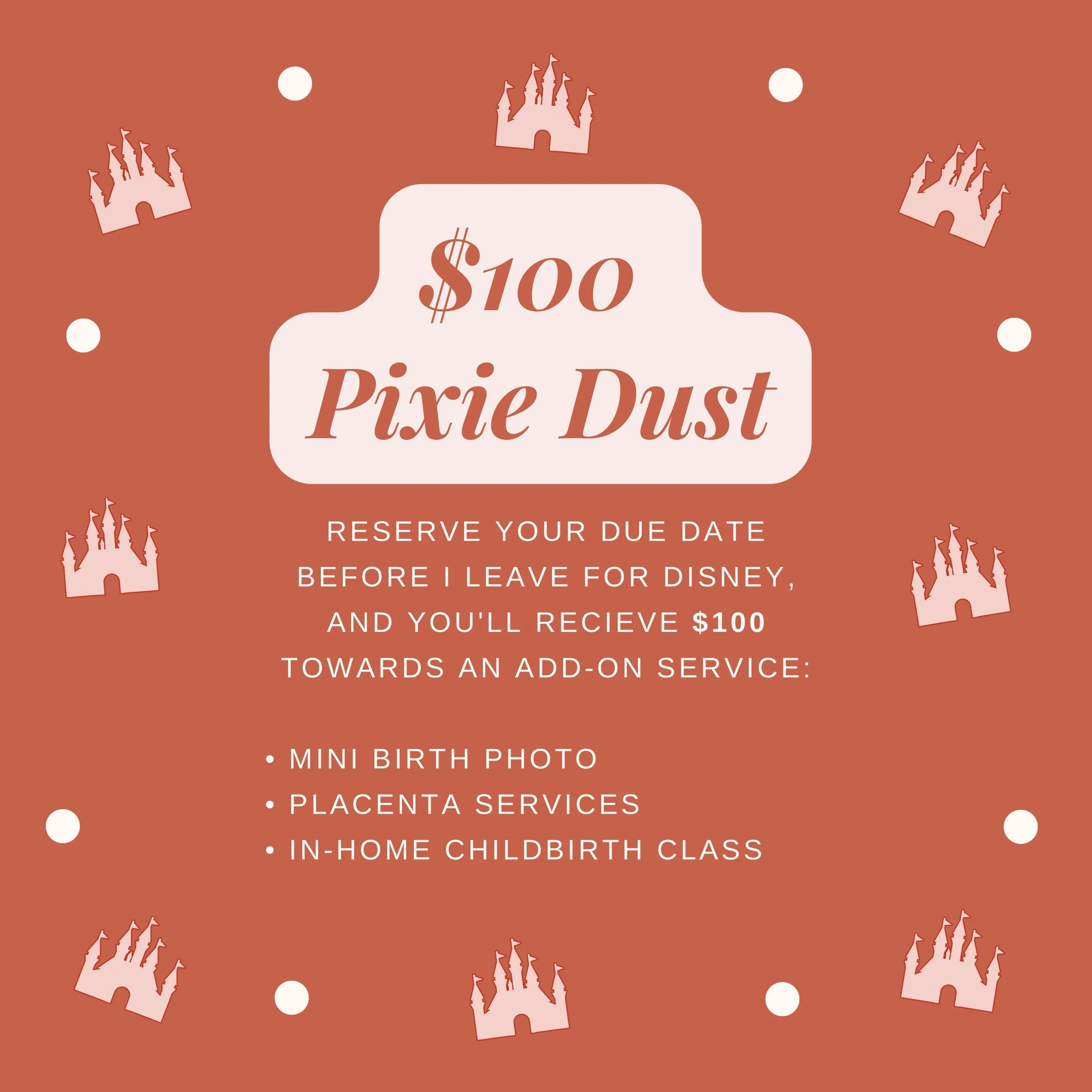 Since I&rsquo;m heading to the happiest place on earth next week, I thought I&rsquo;d sprinkle a little pixie dust before I go. ✨
Reserve your due date before I leave, and you&rsquo;ll receive a special booking gift of $100 towards an add-on service: