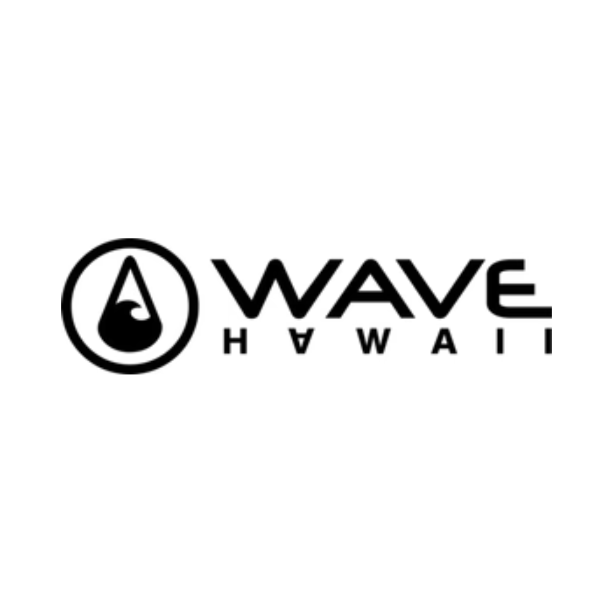 Logo in bianco e nero con simbolo di una goccia d'acqua e la scritta WAVE Hawaii