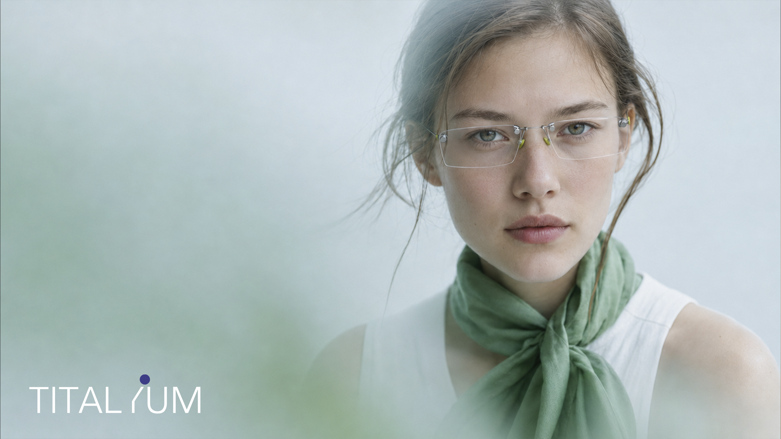 Titanium by Kingsight eyewear campaign image showing a woman wearing glasses with a green scarf, connecting product fit, material lightness, and lifestyle positioning.