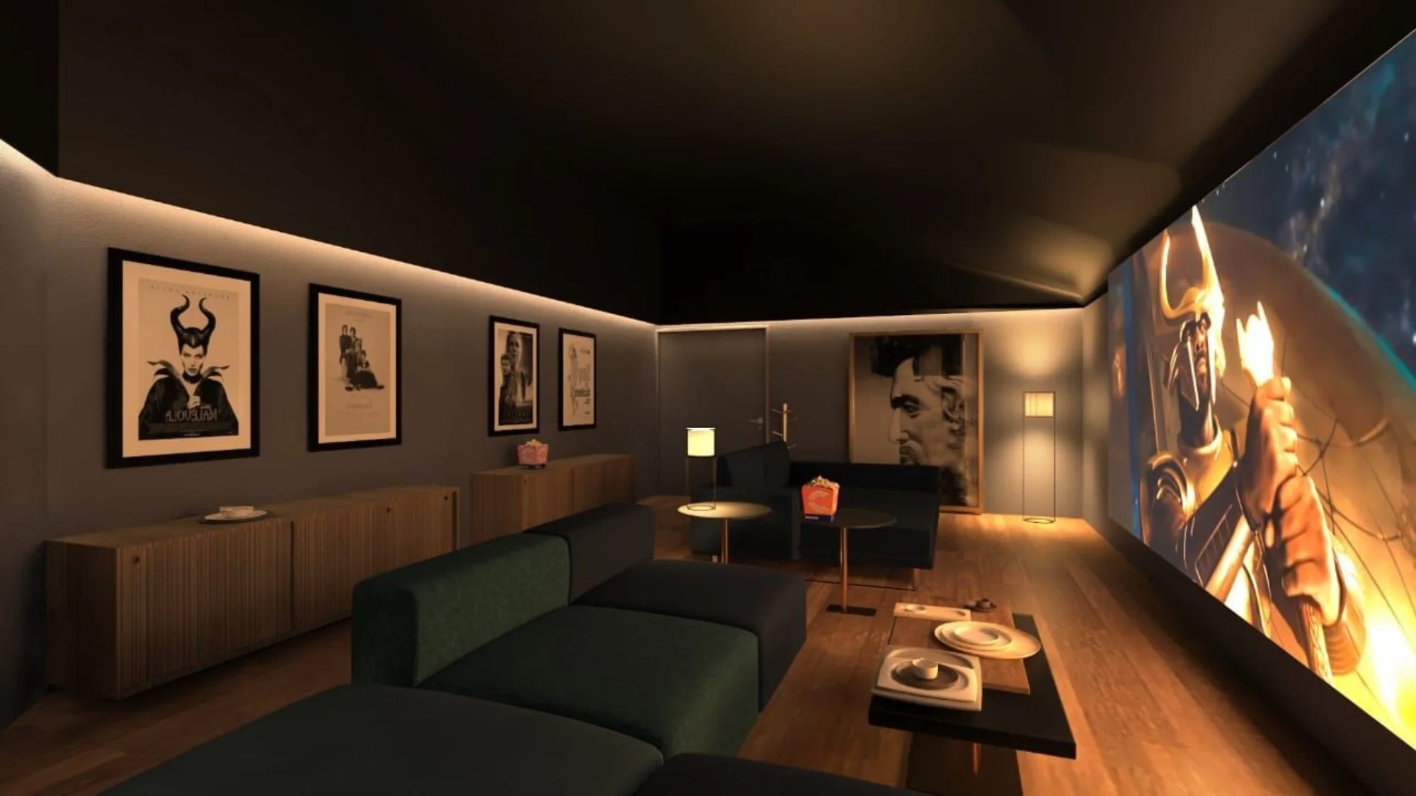 Cinépolis private cinema room concept showing lounge seating, movie posters, projection screen, and hospitality-driven entertainment experience design.