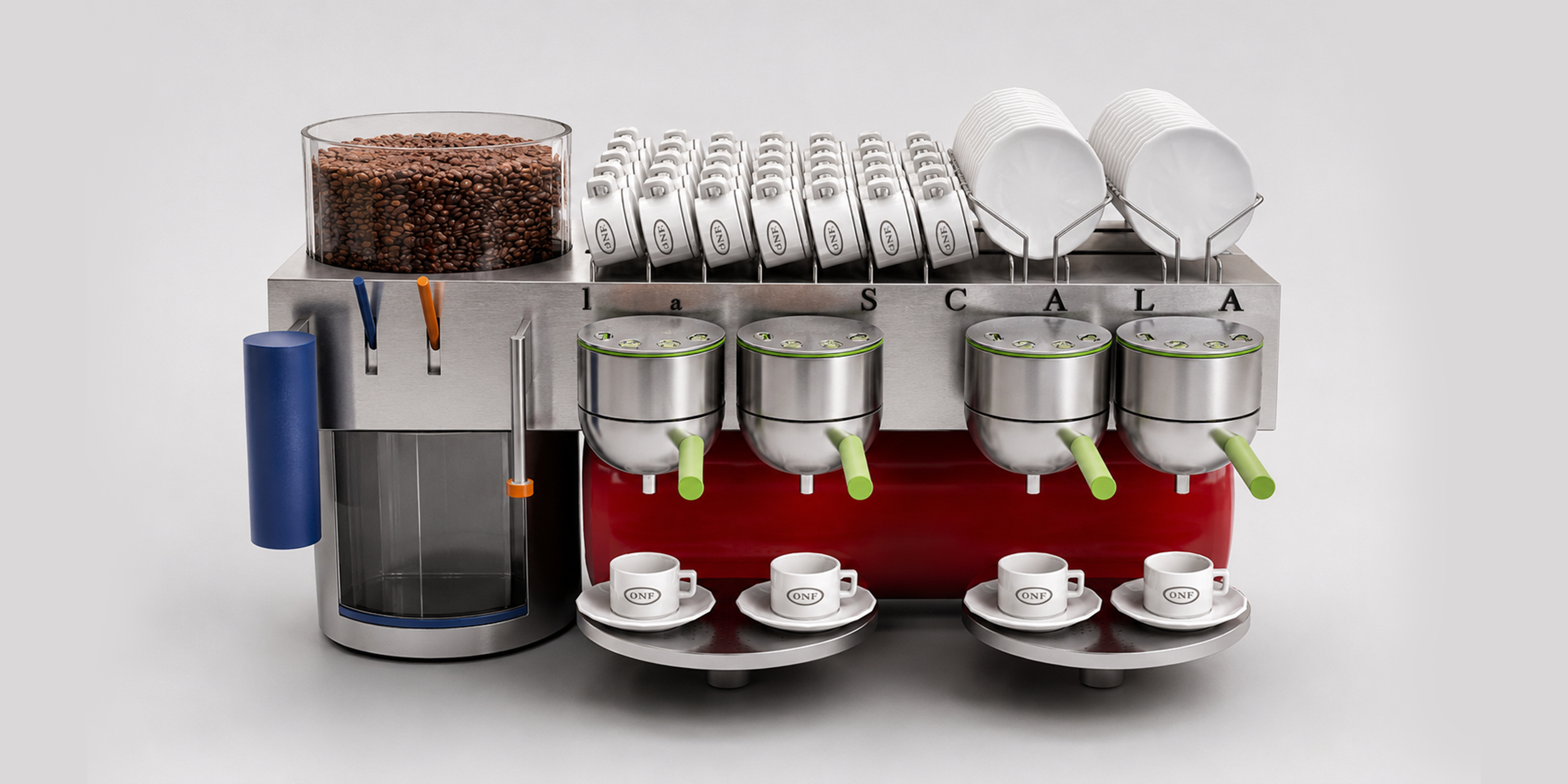 Coffee service product concept for LA SCALA showing the machine design with visible beans, cups, and dispensers for hospitality or retail environments.