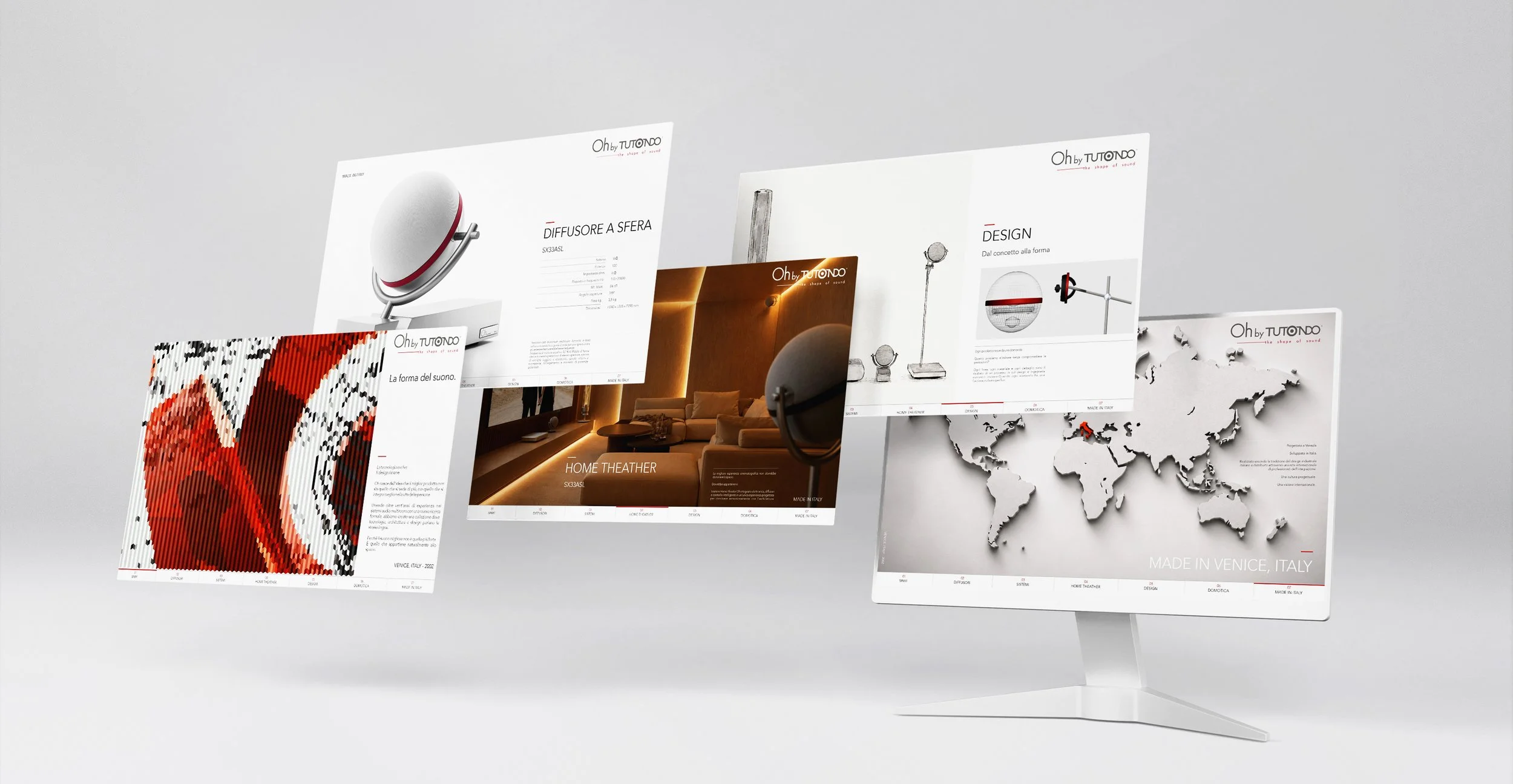 Oh by Tutondo digital presentation showing product design, audio technology, brand storytelling, and global market context.