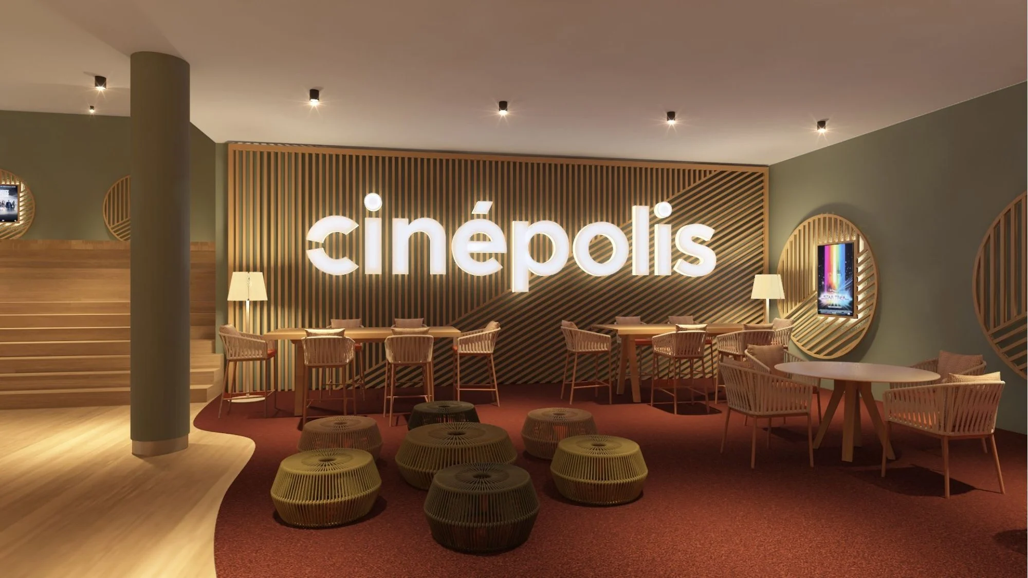 Cinépolis lobby design concept with warm materials, seating areas, illuminated signage, and hospitality-inspired cinema experience.