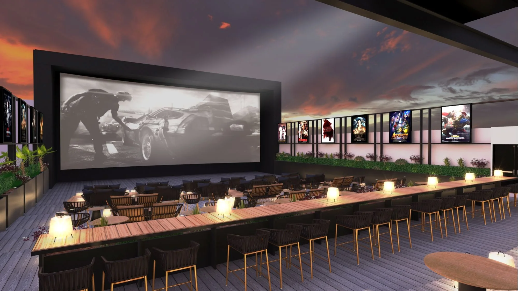 Cinépolis  concept showing screening, hospitality seating, lighting, posters, and alternative entertainment experience.