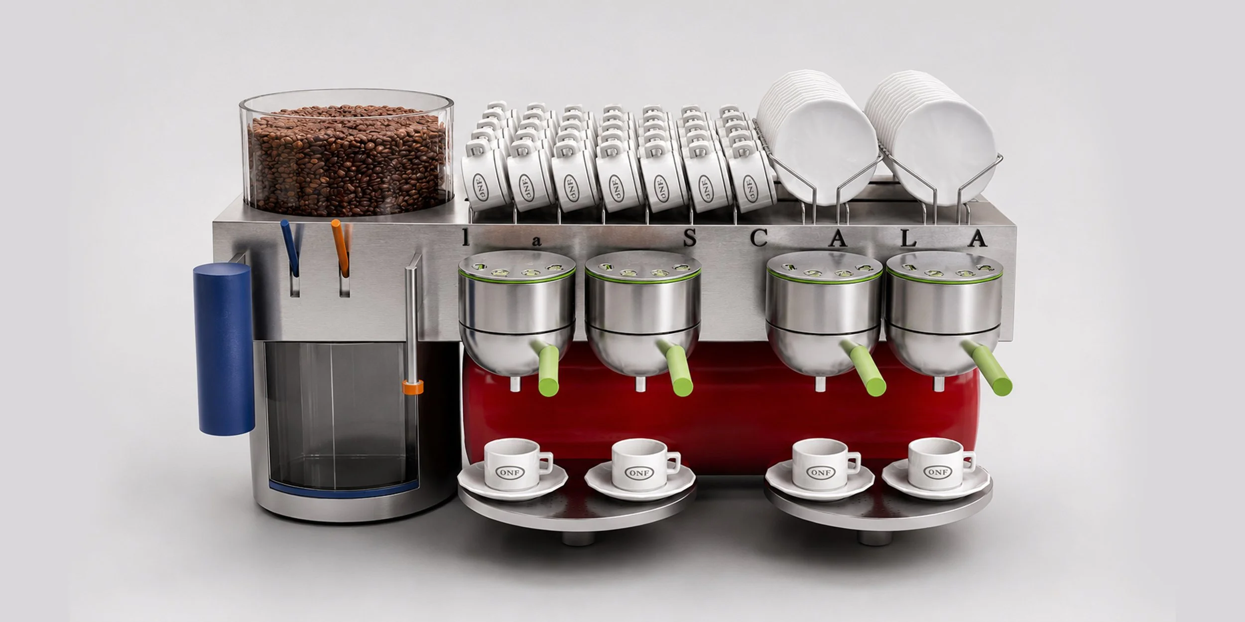 Commercial coffee service product design concept showing an espresso machine with beans, cups, and milk modules for hospitality or retail environments.