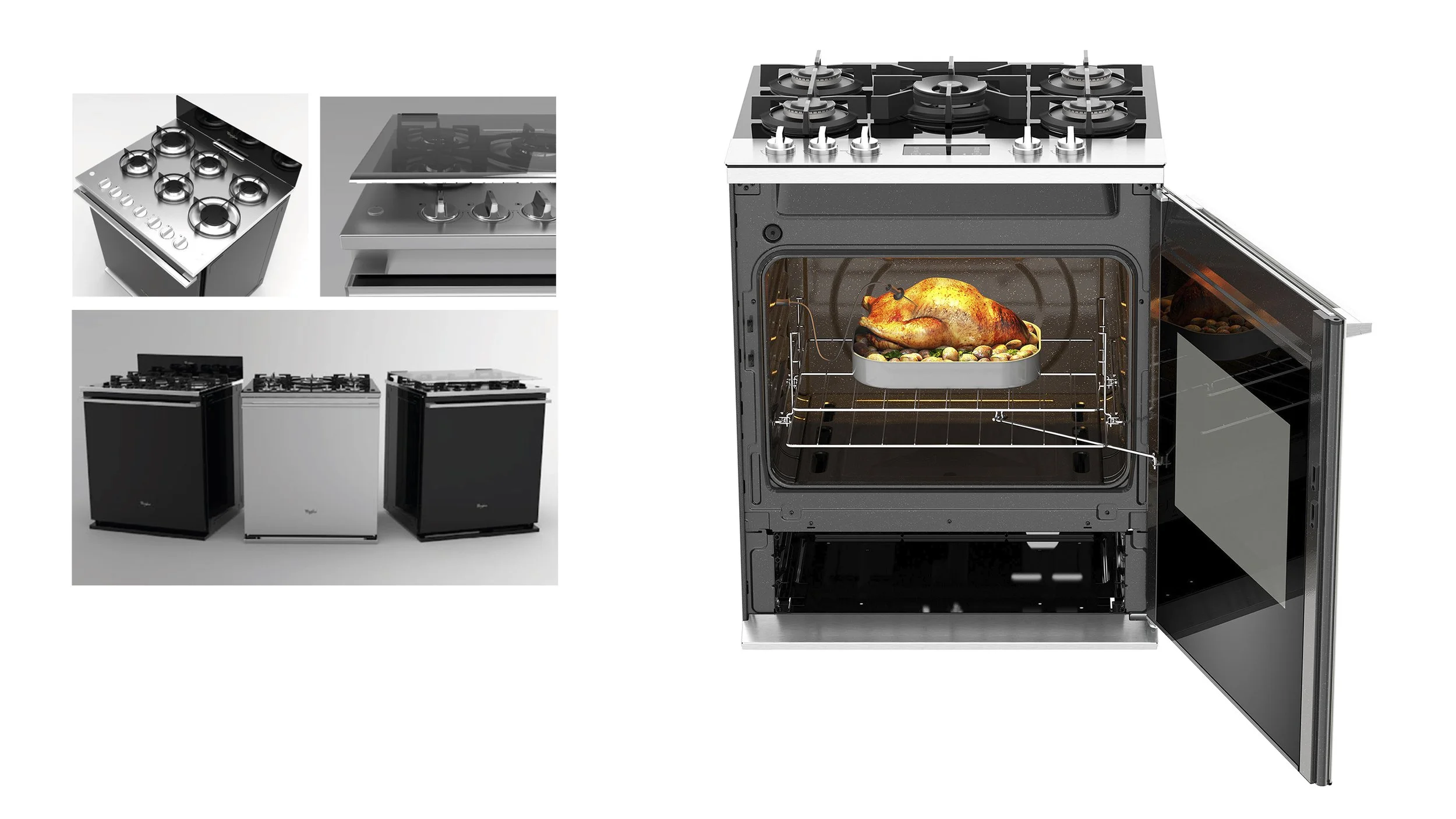 Whirlpool appliance design lineup showing ranges, cooktops, and oven interface concepts developed for consumer cooking experiences.