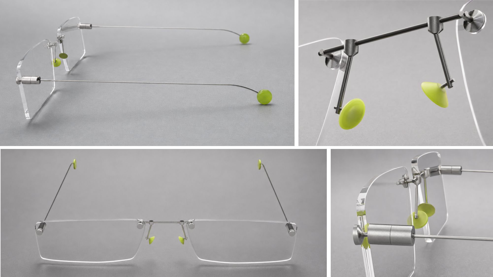 Eyewear product development prototypes exploring rimless frames, curved bridges, transparent lenses, and colored detail components.