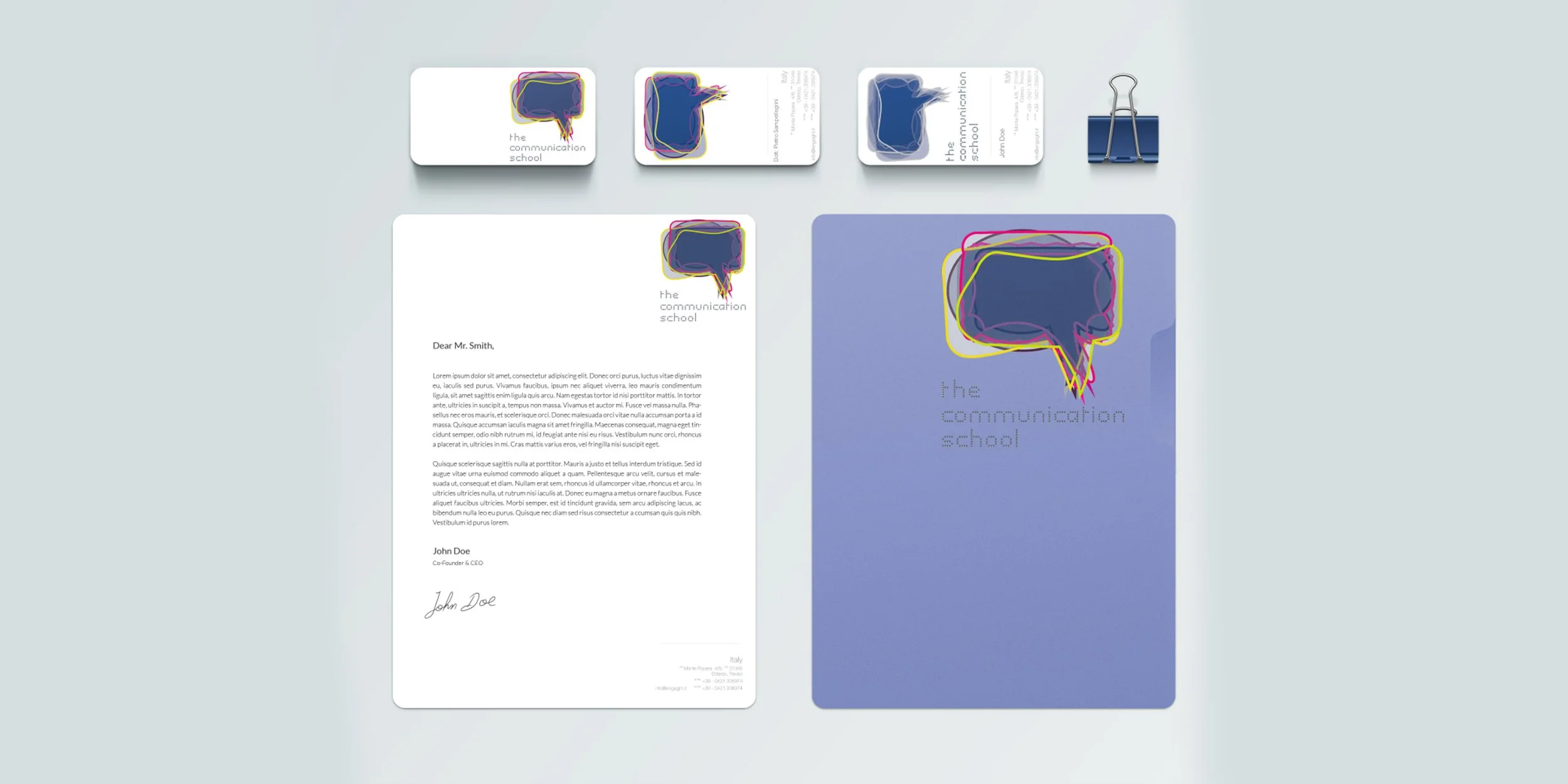 Communication school identity system showing logo and stationery, folders, cards, and visual language applied across coordinated brand touchpoints.