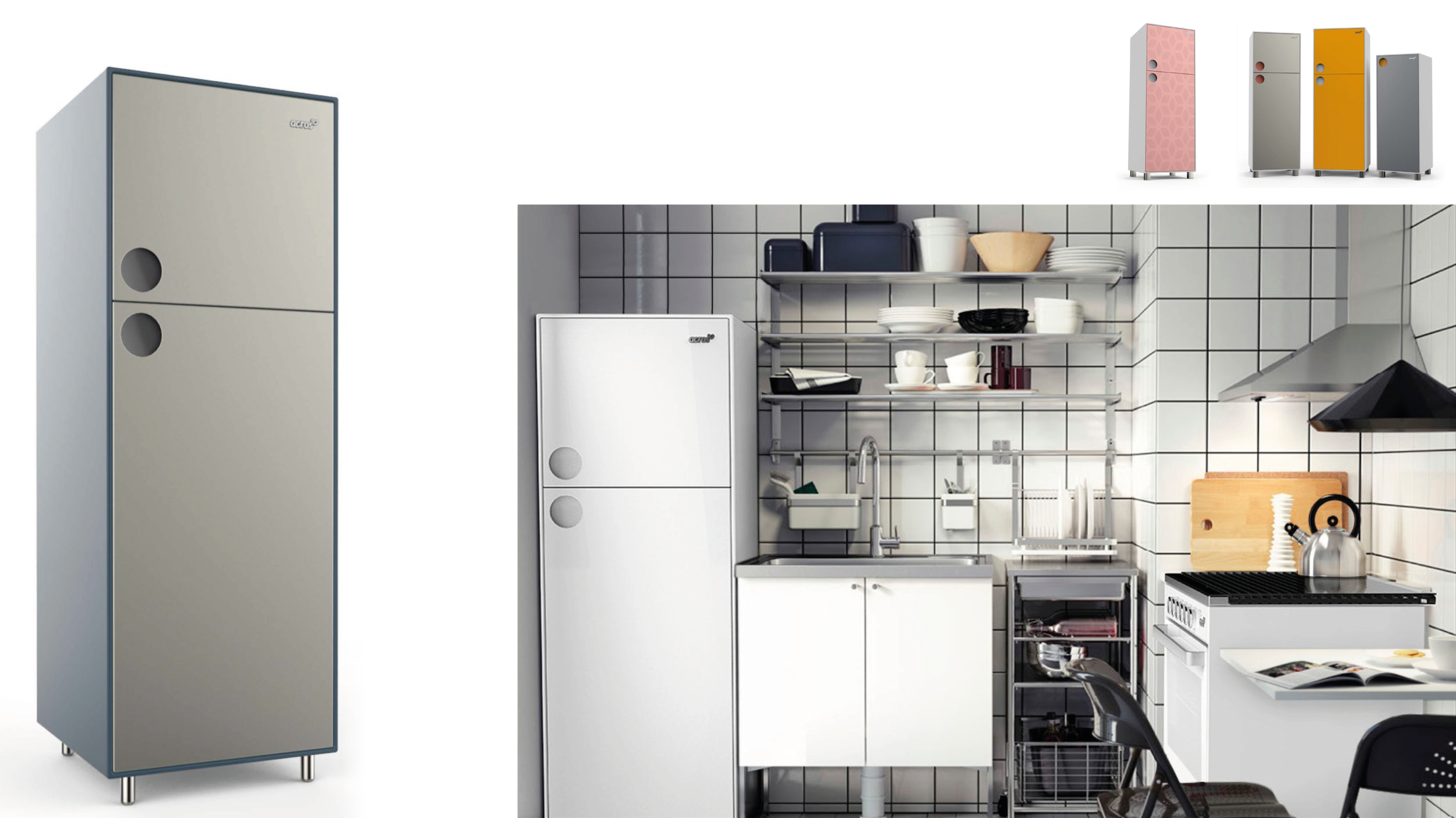 Acros kitchen appliance ecosystem showing refrigerator, cooking, storage, and home context concepts developed for coordinated product experience.