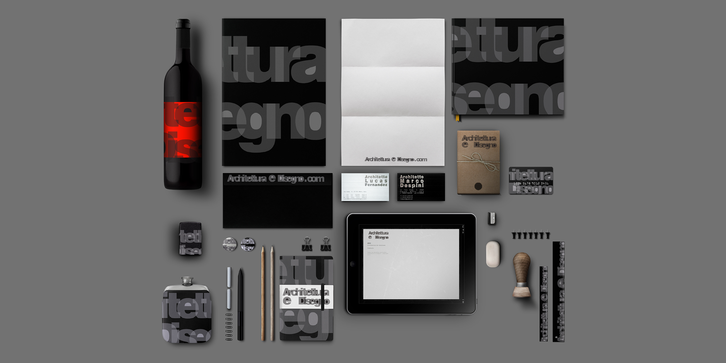 Architettura e Disegno brand identity system showing logo, stationery, digital touchpoints, and branded accessories for an architecture and design practice.