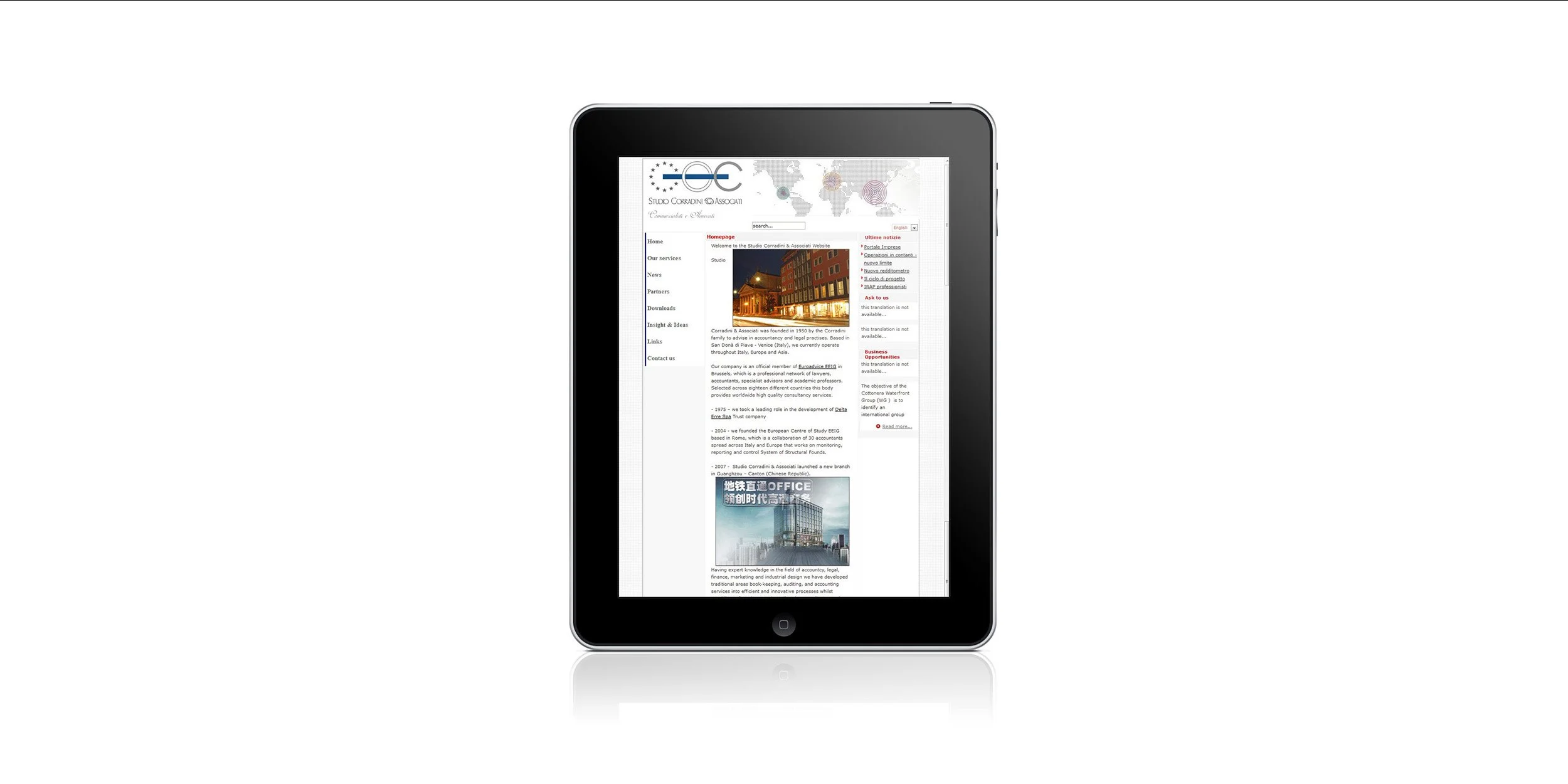 Corradini Advisors website interface presenting a cross-border consulting practice in business strategy, management, import-export, and design across China, Italy, and Mexico.