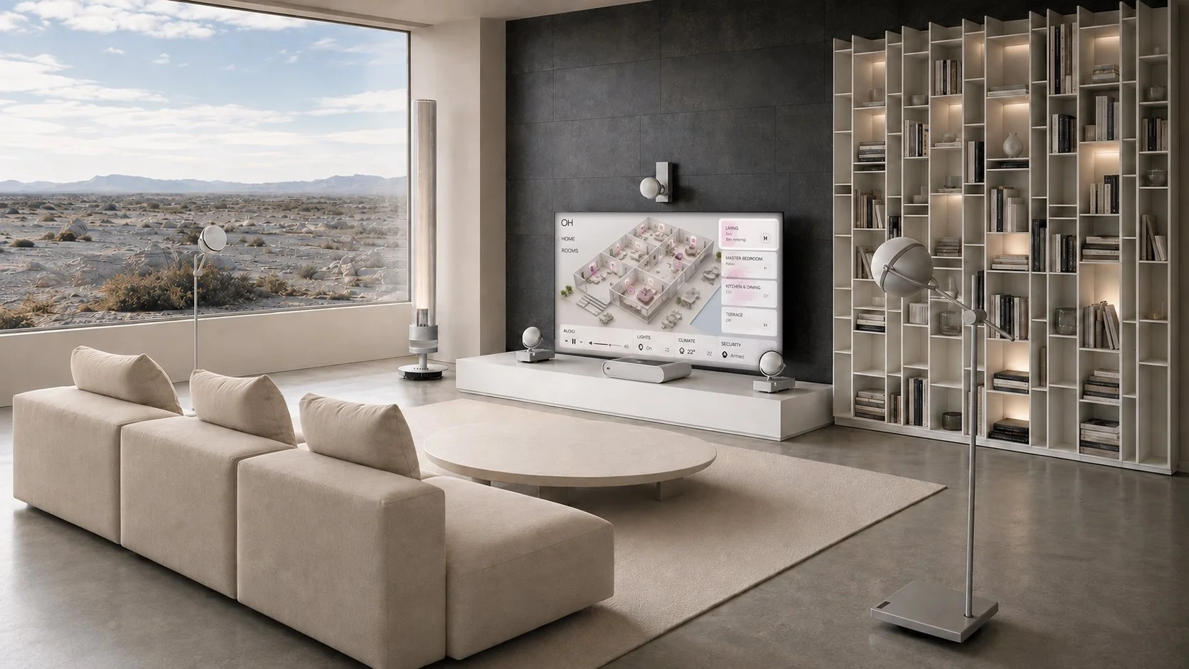 Oh by Tutondo home theater concept with integrated wall speakers, large screen, shelving, and contemporary living room design.
