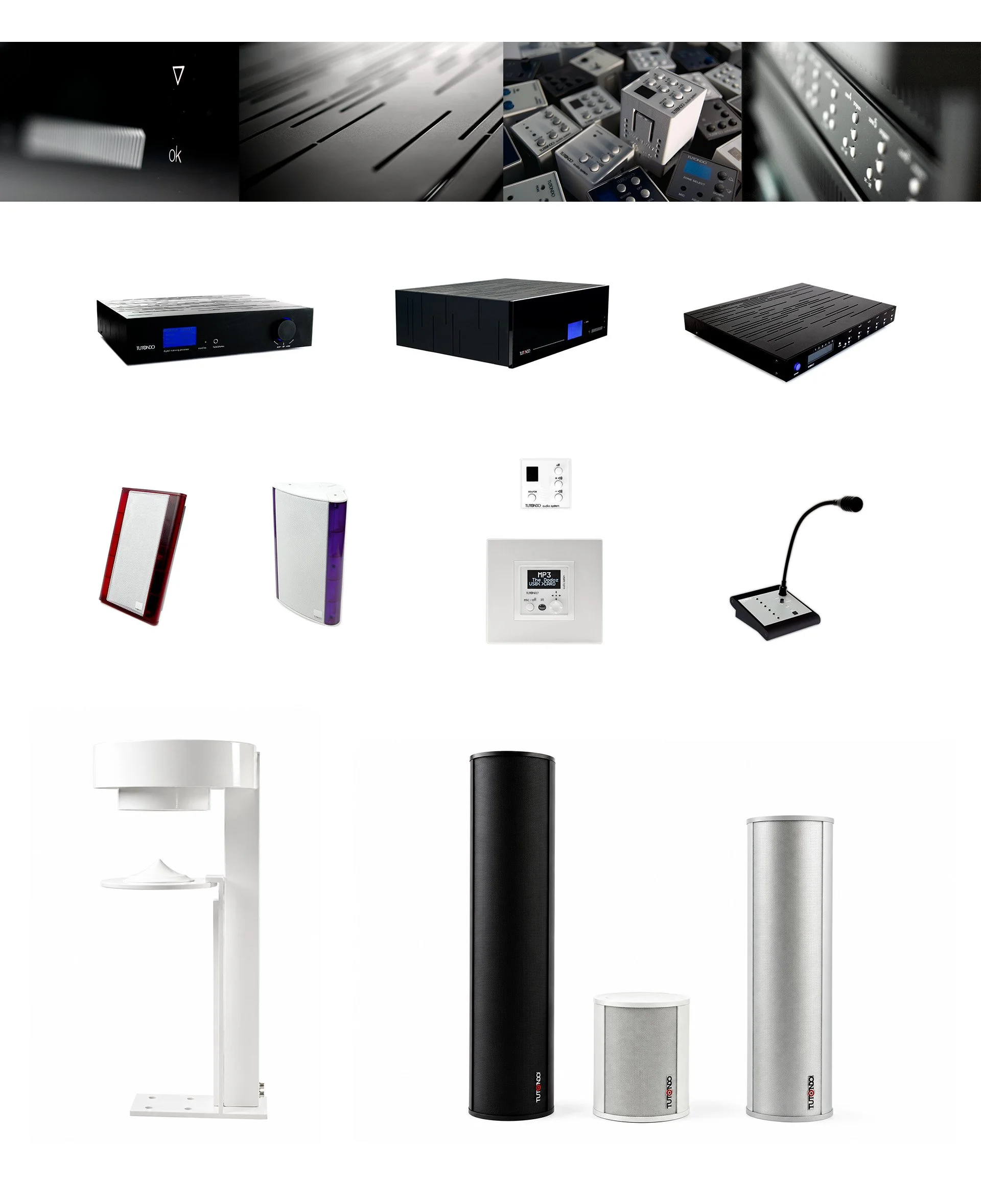 Tutondo consumer electronics product family with wireless speakers, audio components, and coordinated industrial design.