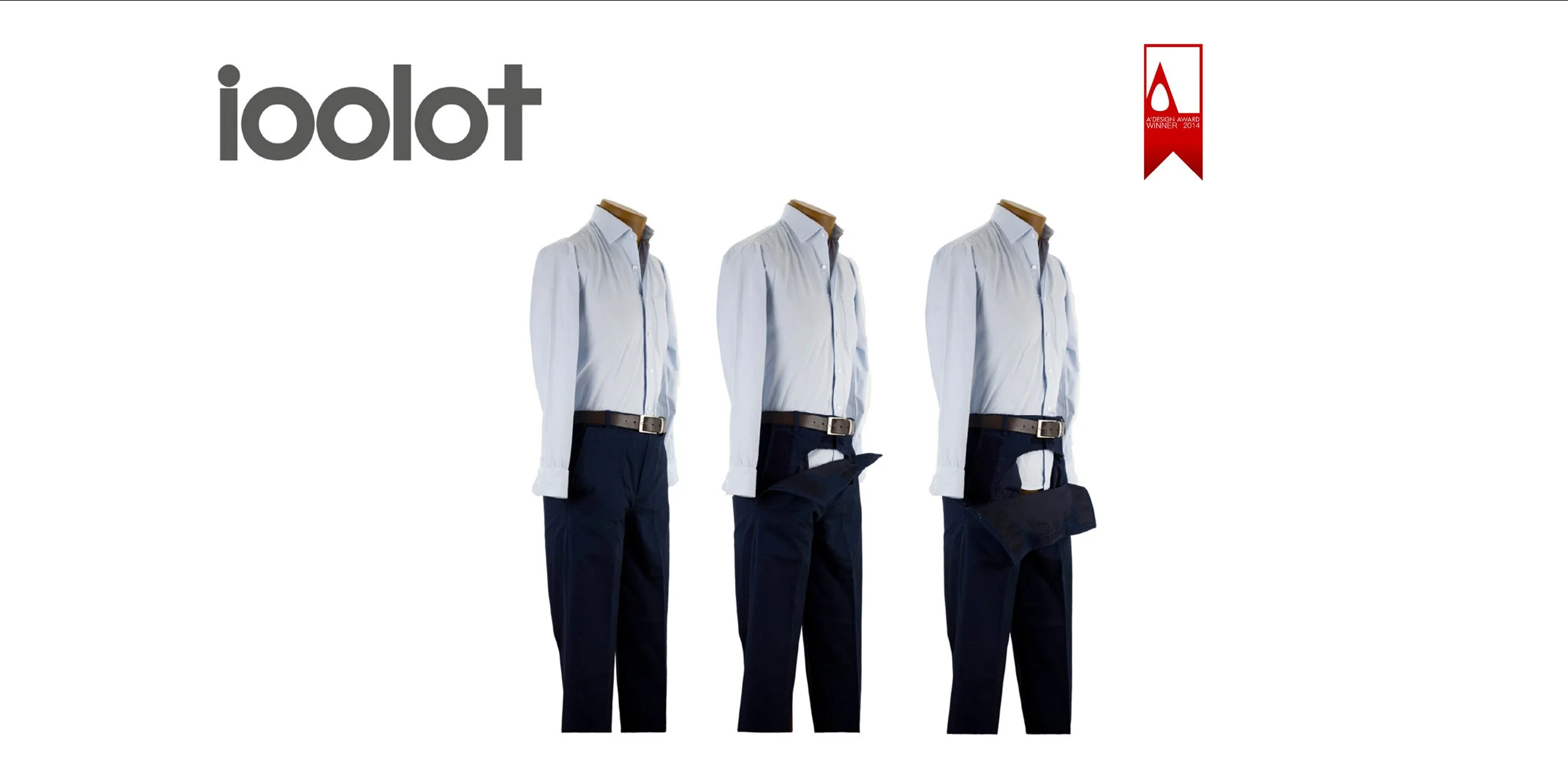 ioolot adaptive menswear system showing easy-open shirts and trousers designed for people with dressing difficulties, with inclusive clothing innovation recognized by design awards.