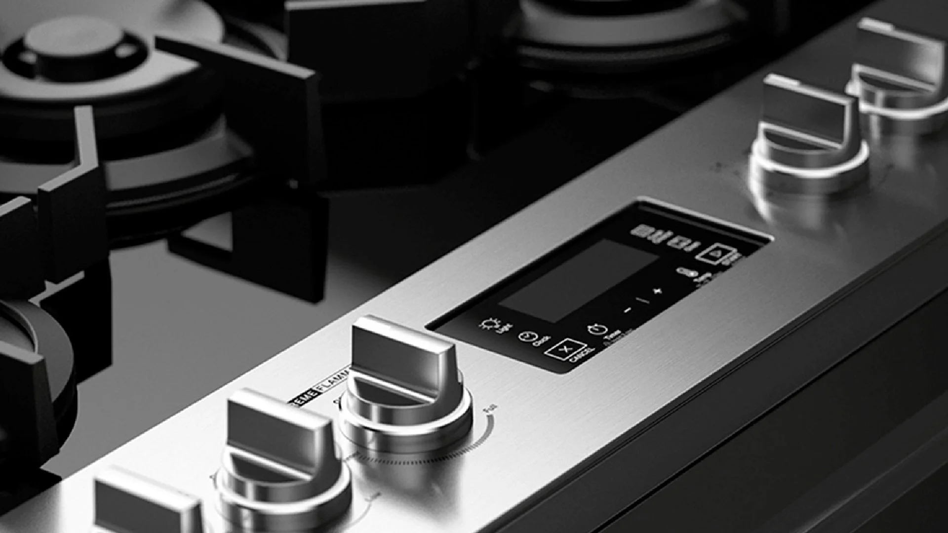 Whirlpool gas range control interface close-up showing robust knob design, burner controls, and ergonomic interaction details developed for appliance usability.