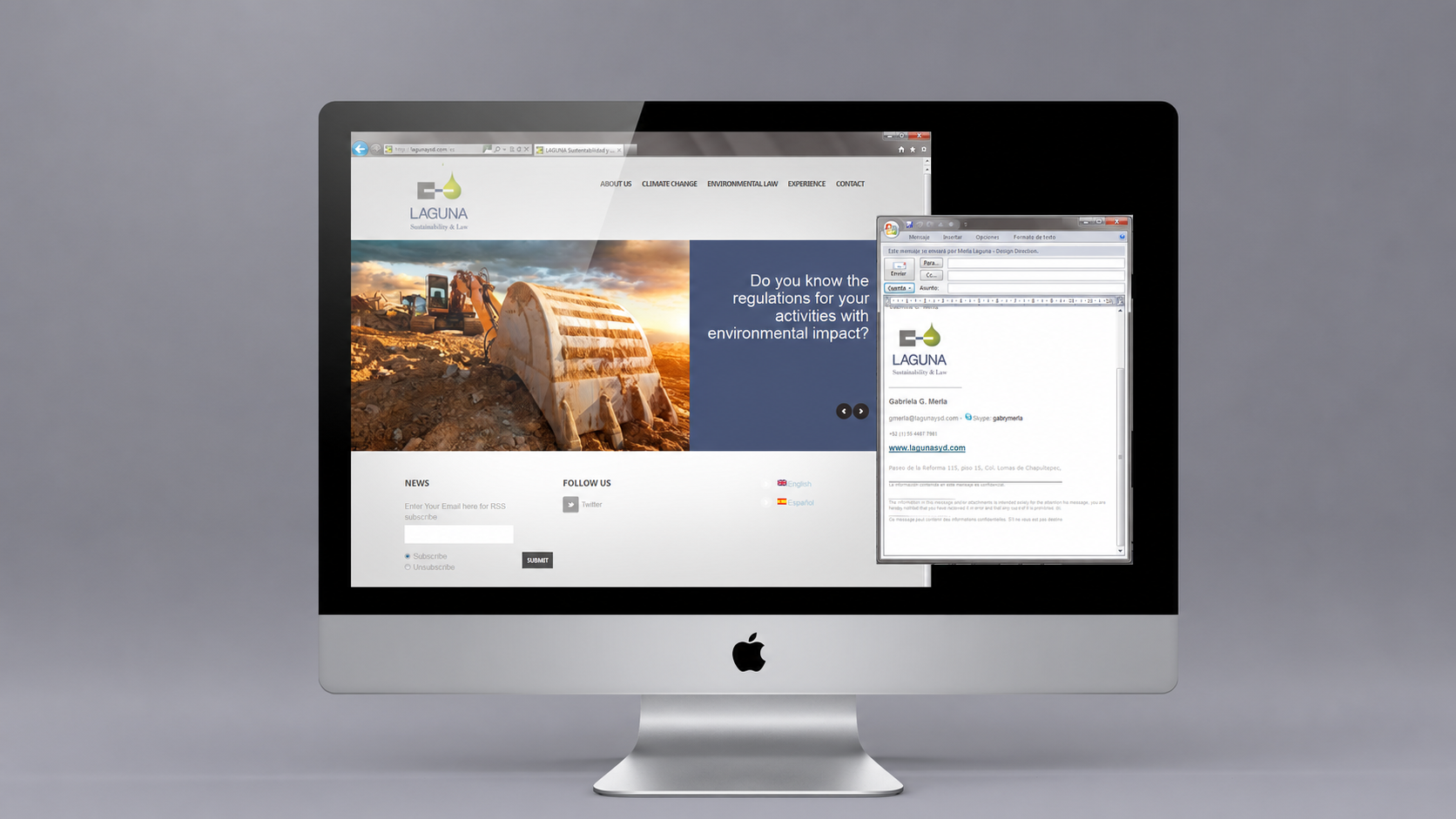 Environmental consulting website shown on desktop, presenting sustainability, legal guidance, and digital client communication through a professional web interface.