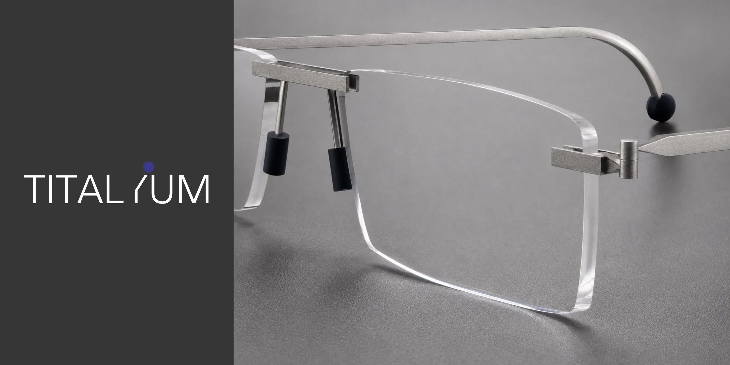 Titanium by Kingsight eyewear design showing rimless safety glasses with metallic frames, black nose pads, and lightweight product detailing.