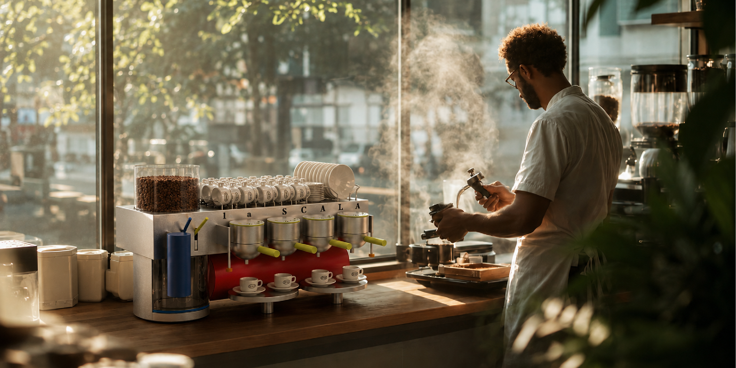La Scala professional coffee machine concept by Lorenzo Merla Laguna, shown in a barista environment with hospitality product experience.