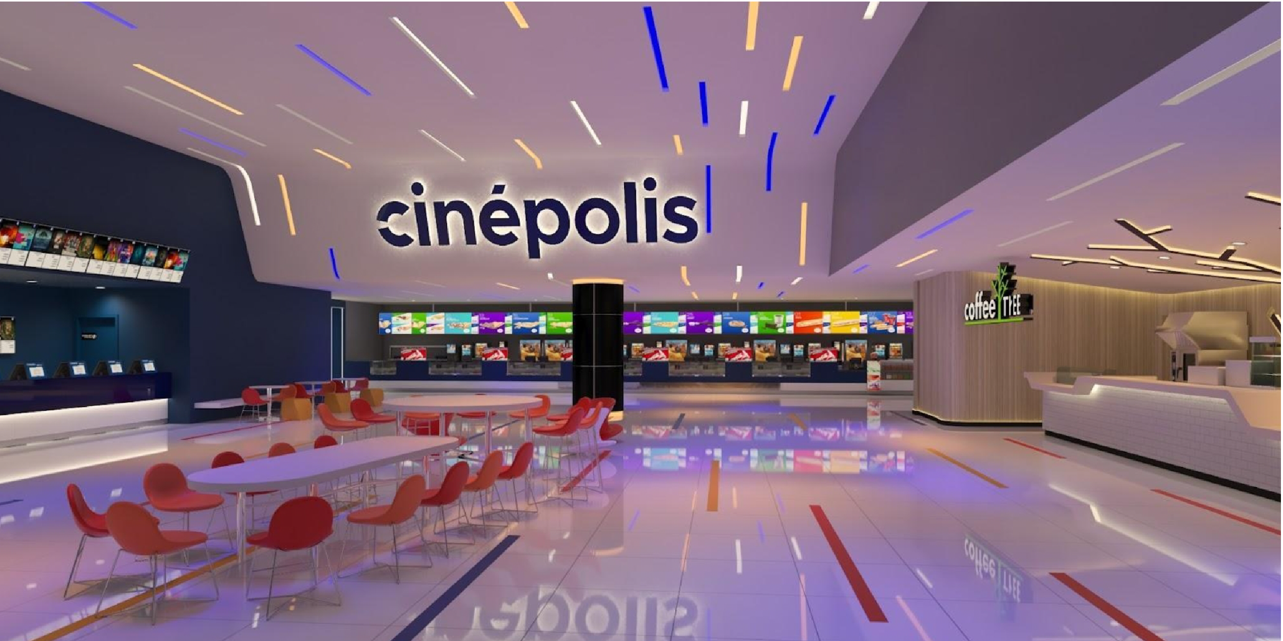 Cinépolis cinema lobby concept showing concession, seating, digital screens, and illuminated brand signage as part of a scalable entertainment experience.