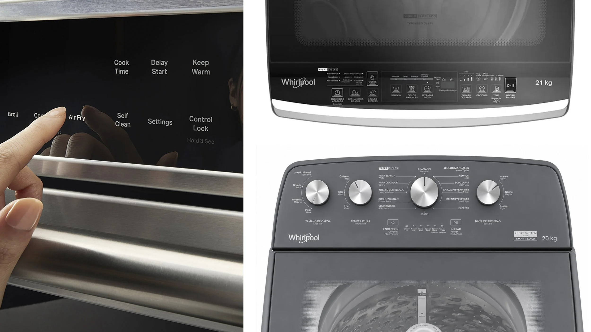 Close-up view of three different washing machines. The first shows a touch control panel with options like Broil, Air Fry, Self Clean, Settings, Control Lock, and a person's hand touching the screen. The second displays the top view of a Whirlpool washing machine with a digital control panel and a silver handle. The third reveals the top-loading drum of a Whirlpool washer with various settings and dials visible on the control panel.