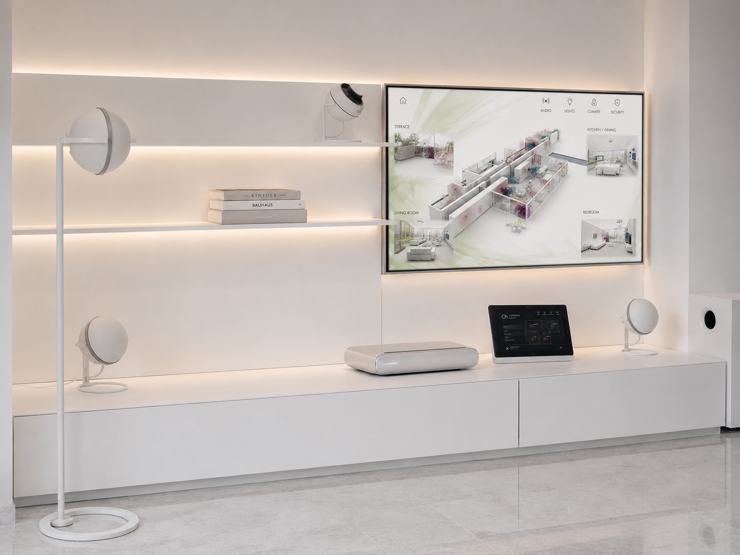 Tutondo smart-home interface showing floor plan control, integrated audio, speakers, tablet, and home automation UX.