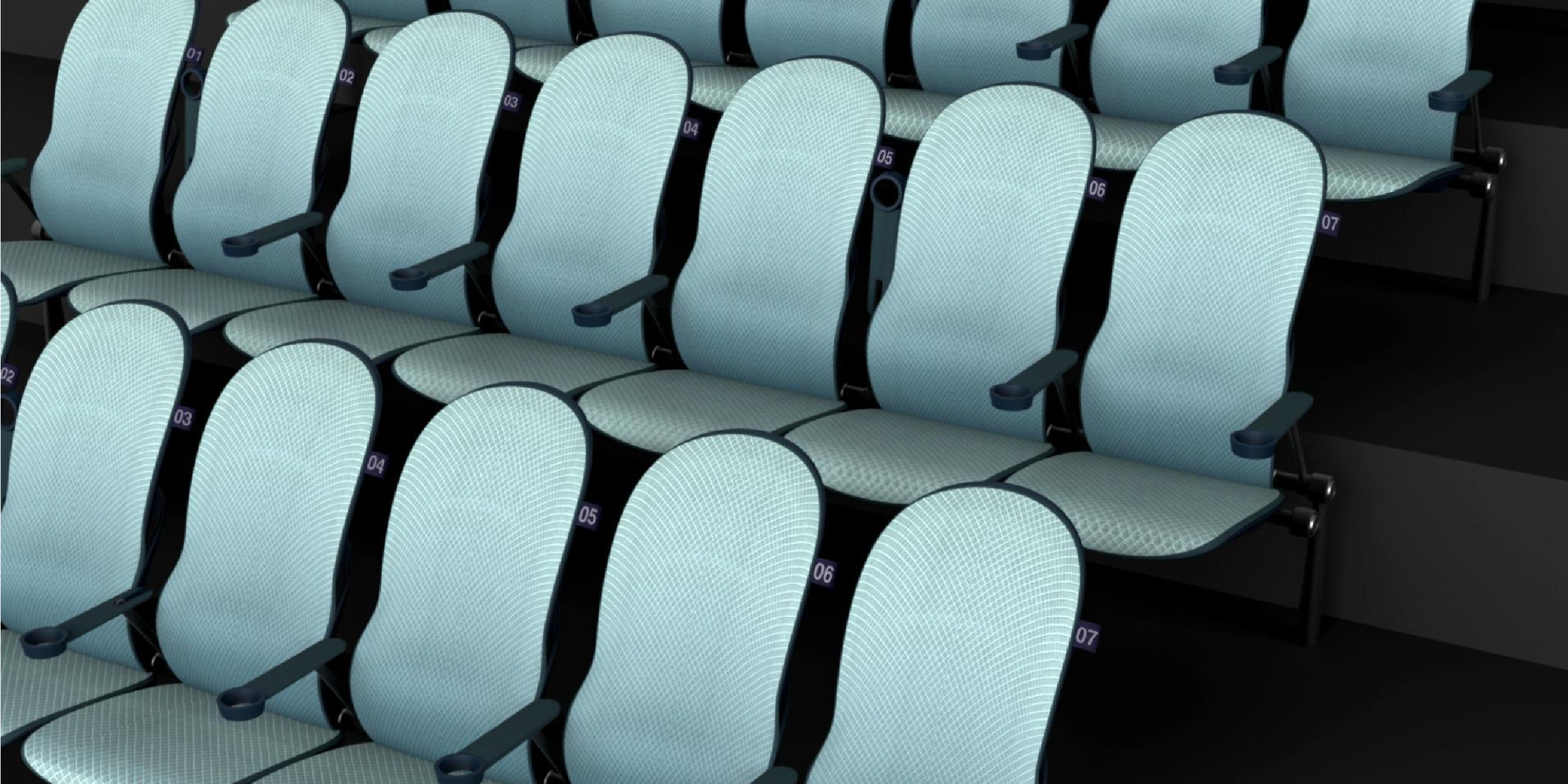 Cinépolis theater seating design showing numbered rows, armrests, and ergonomic details developed for cinema comfort, operations, and guest experience.