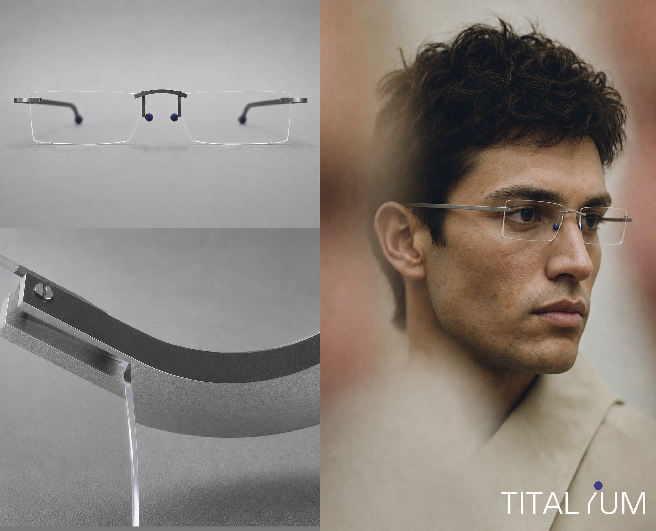 Titanium eyewear by Kingsight, featuring rimless frames, blue nose pads, lightweight construction, and product fit shown on a male model.