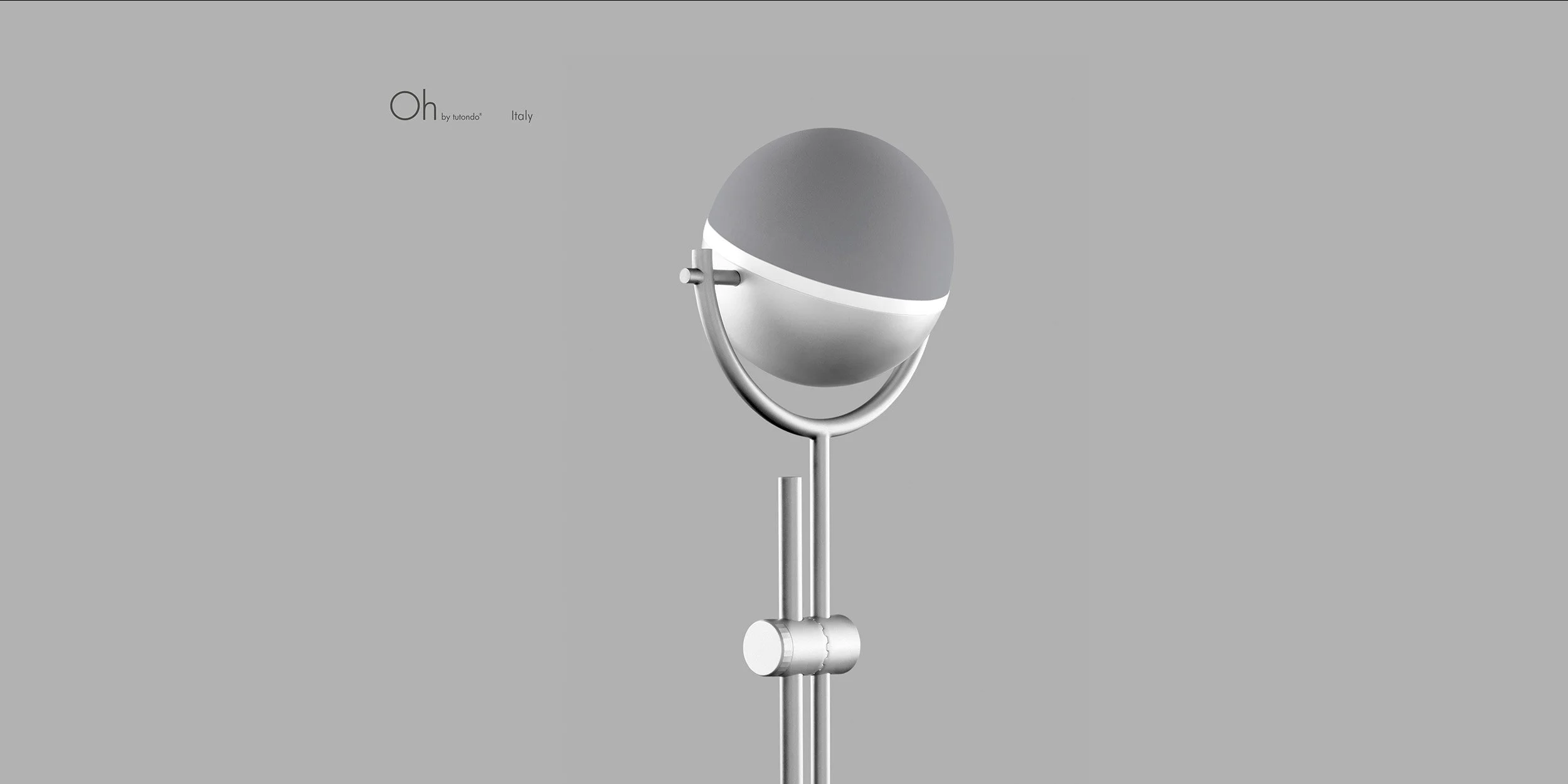 Tutondo self-standing satellite speaker for mid and high frequencies, showing a spherical driver, support arm, and multi-position design for flexible home audio placement.