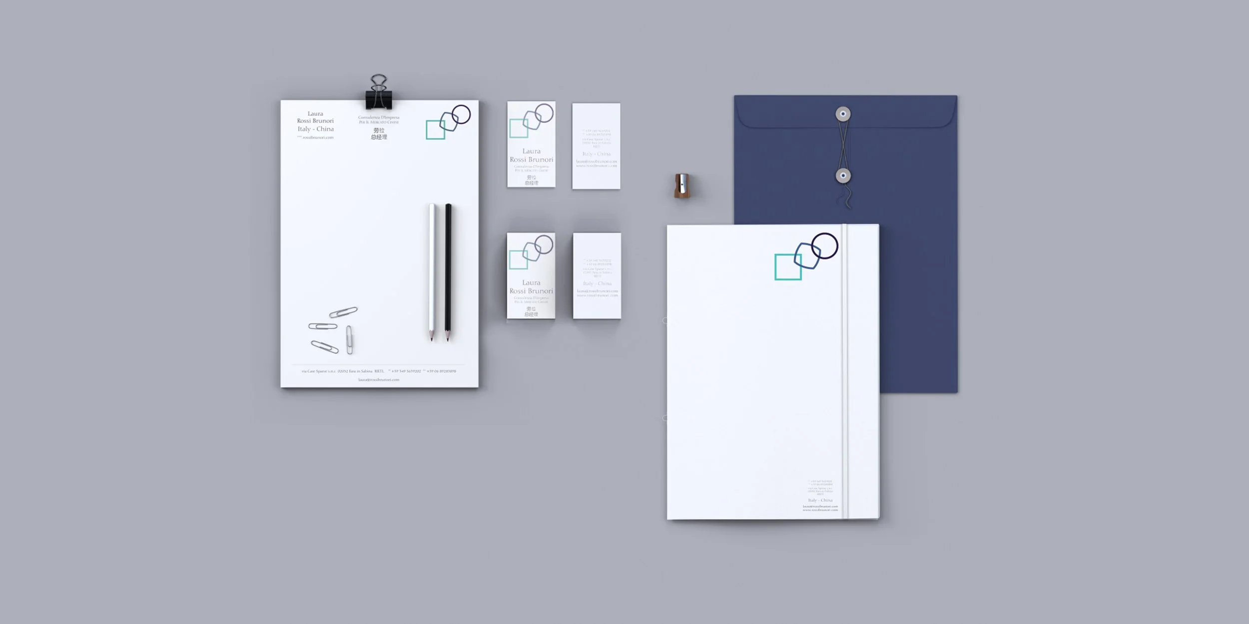 Brand identity and stationery system for a multilingual translator specializing in Chinese, English, and Italian, with logo, printed materials, and professional communication touchpoints.