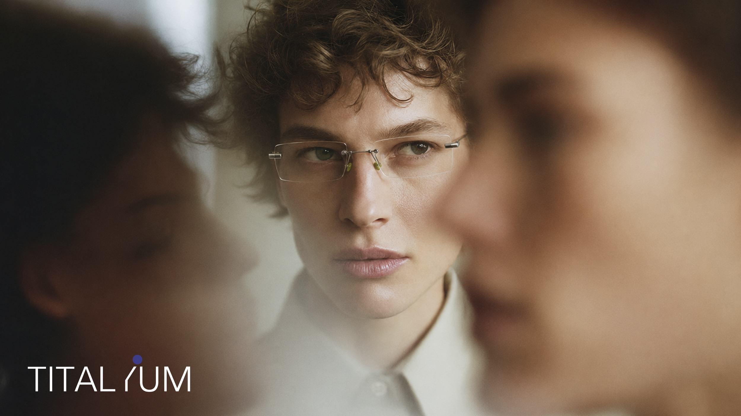 Titanium eyewear by Kingsight, silver-rim eyewear design lifestyle image showing glasses in use, facial proportion, and social context for product design presentation.
