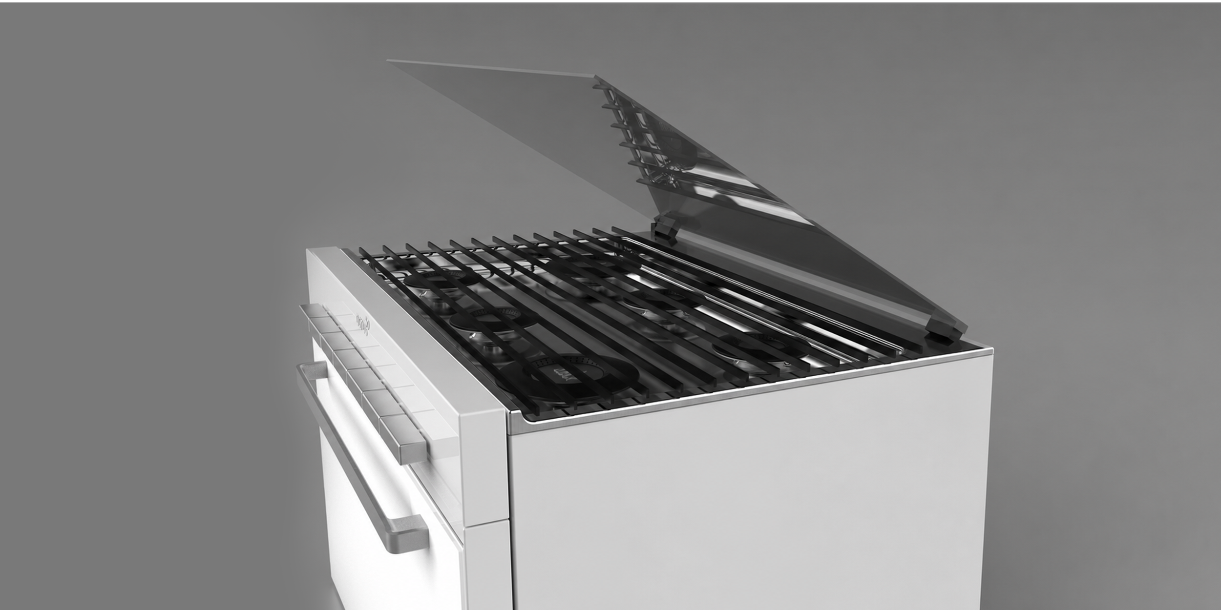 Whirlpool cooking appliance design detail showing a white gas range with glass lid, burners, and robust product form for everyday kitchen use.
