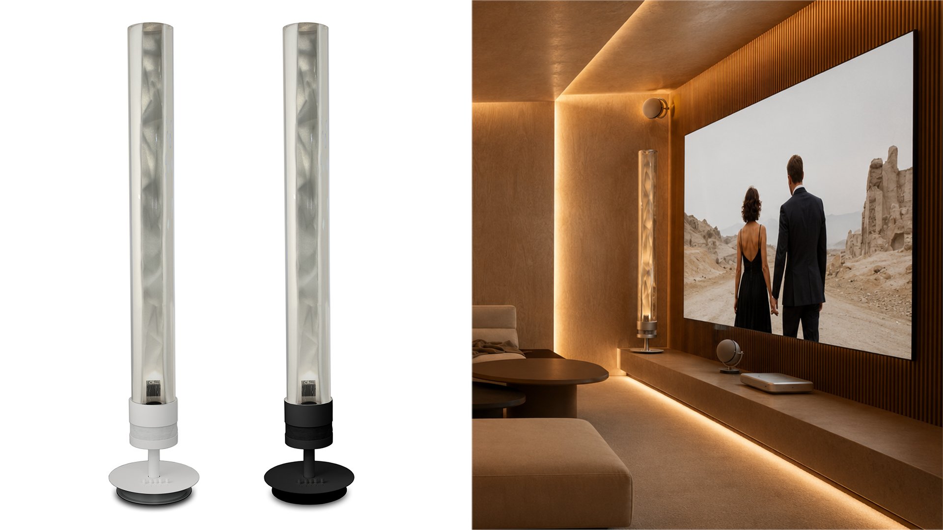 OhL by Tutondo floor-standing subwoofer and lamp, speakers in white and black, shown with a warm home theater interior installation.