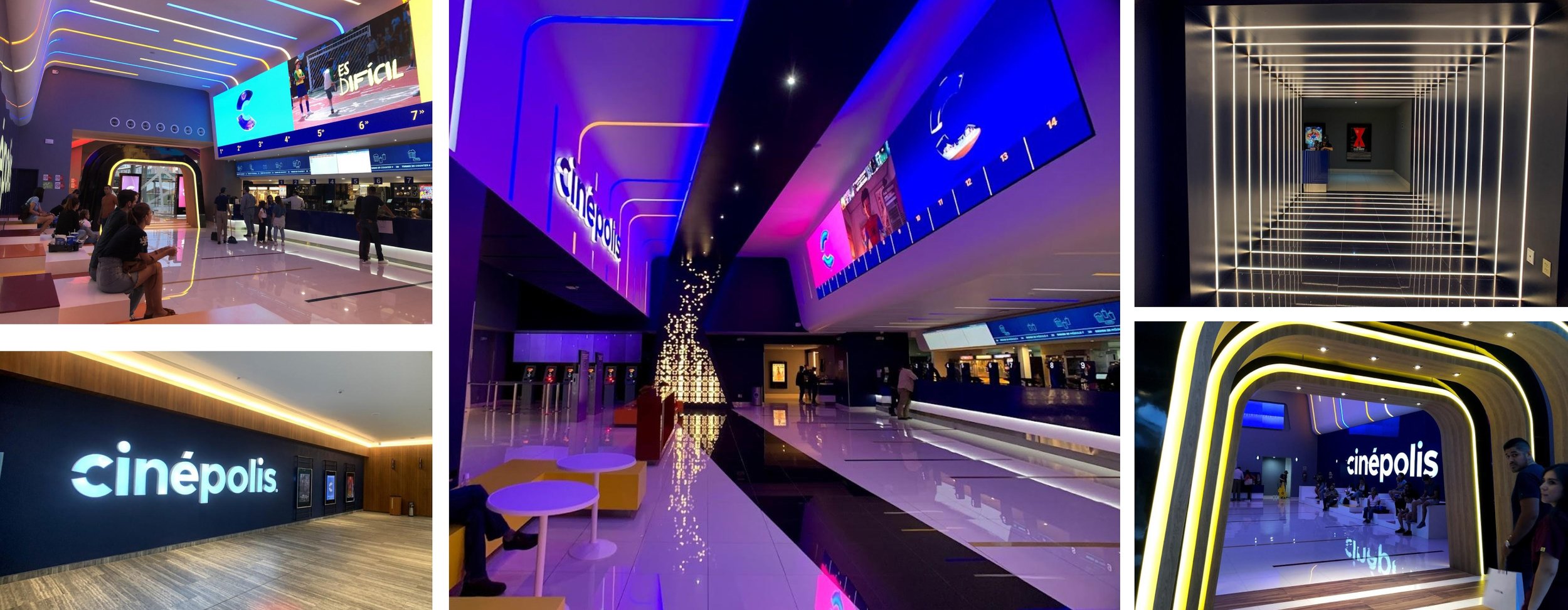 Cinépolis entertainment design system showing lighting, digital screens, seating areas, ticketing, and brand experience across cinema interiors.