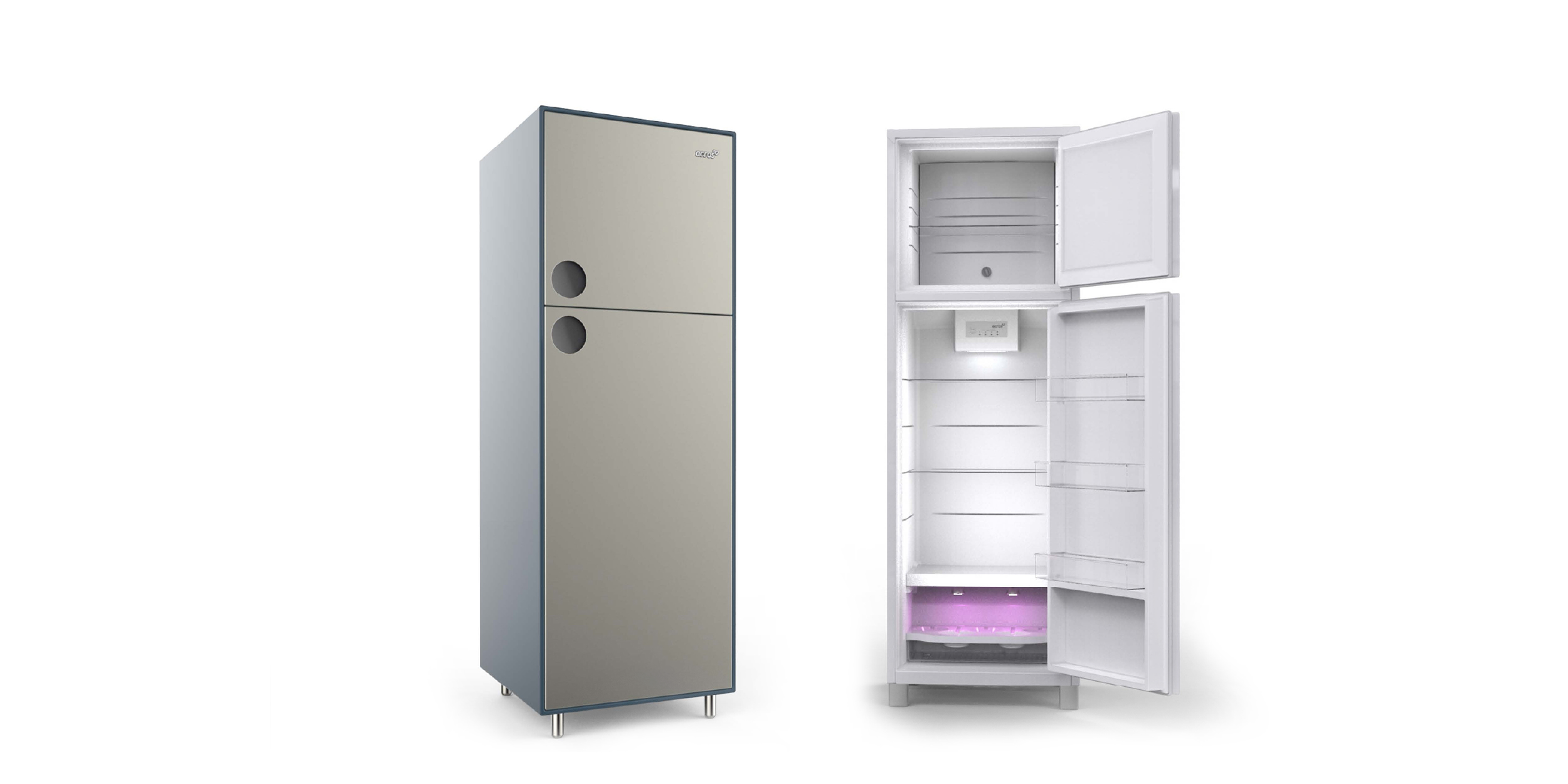 Whirlpool, Acros refrigerator design concept showing open interior layout, storage shelves, and lighting details developed for usability and product differentiation.