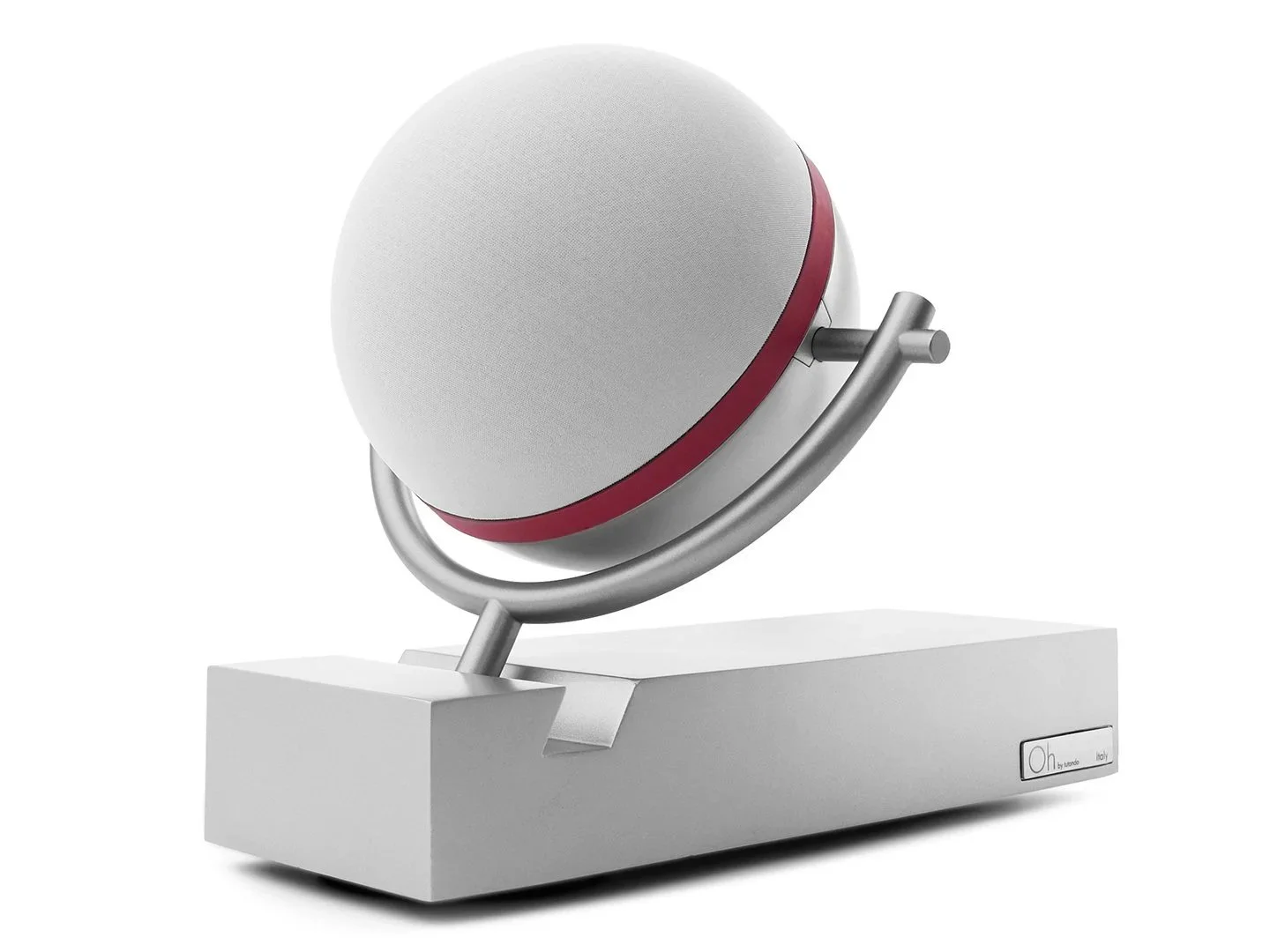 Oh by Tutondo spherical audio diffuser with white body, chrome support, and minimalist base.