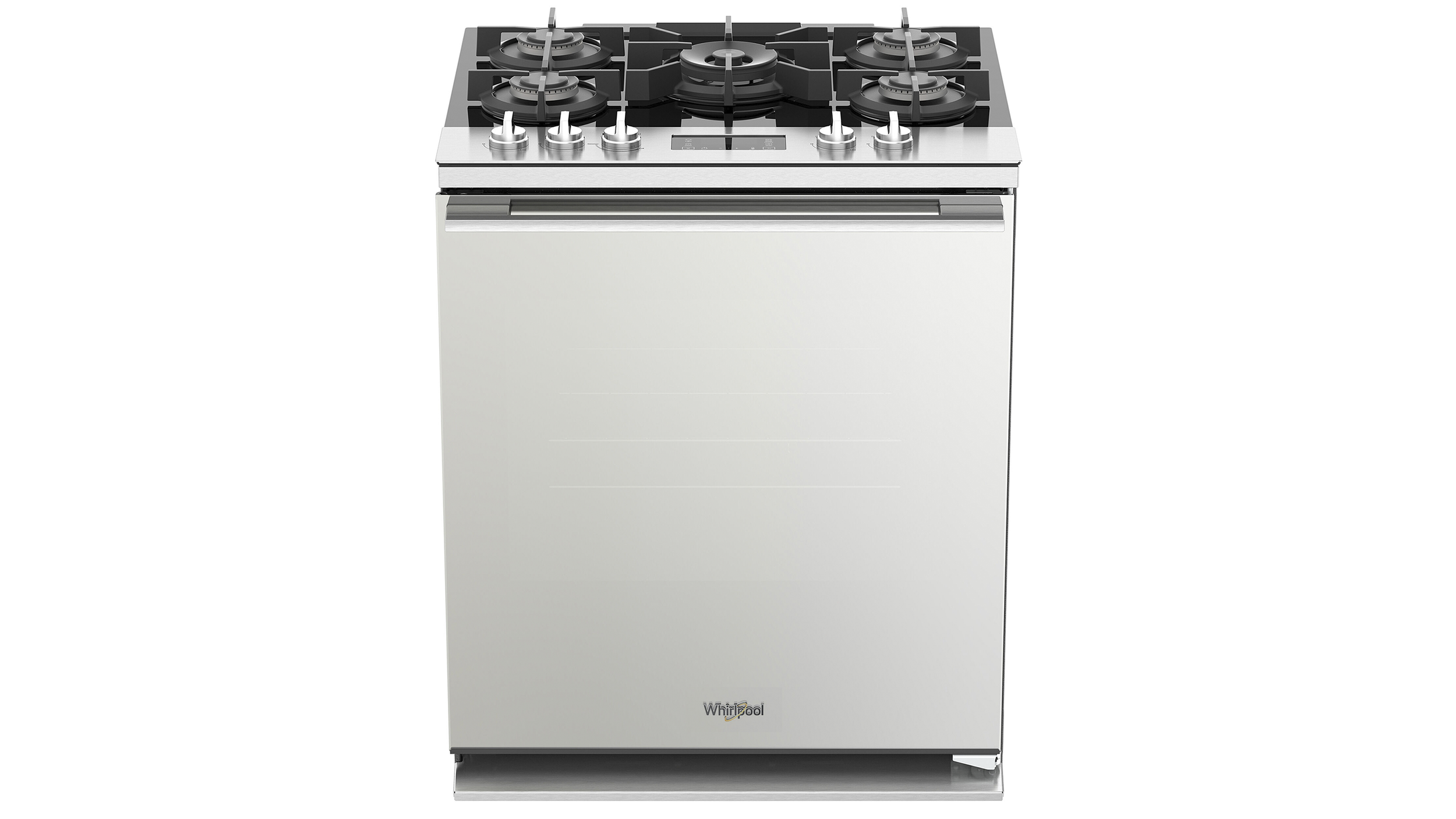 A modern freestanding stainless steel gas range with five burners, control knobs, and an oven door, branded Whirlpool.