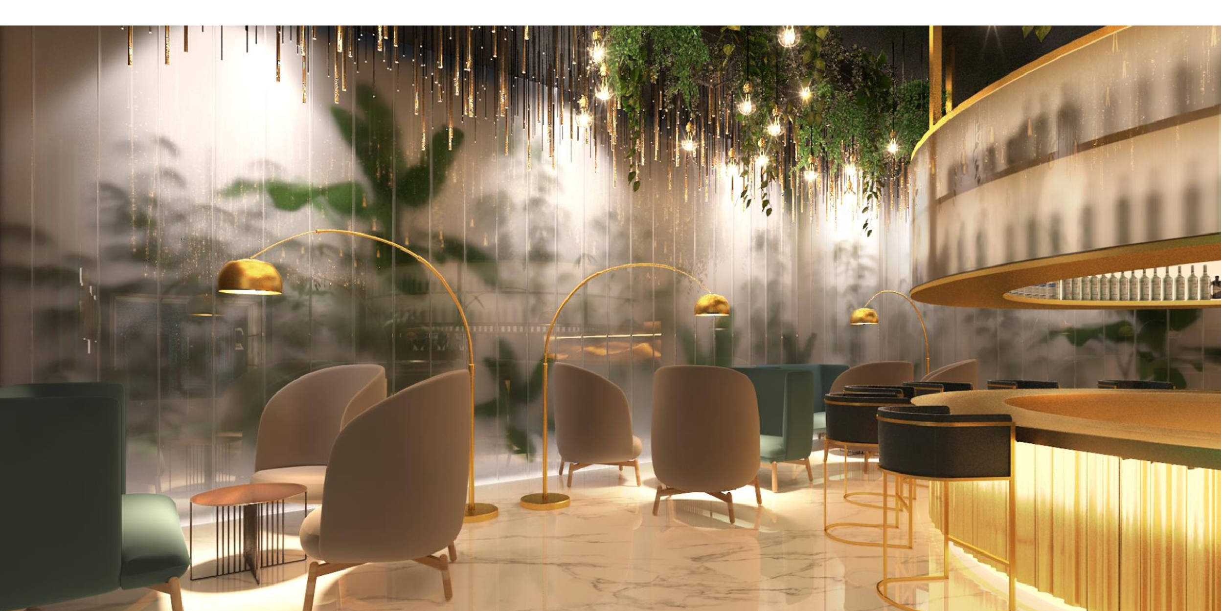 Cinépolis premium hospitality interior concept with curved bar, warm lighting, hanging greenery, and elevated guest experience design.