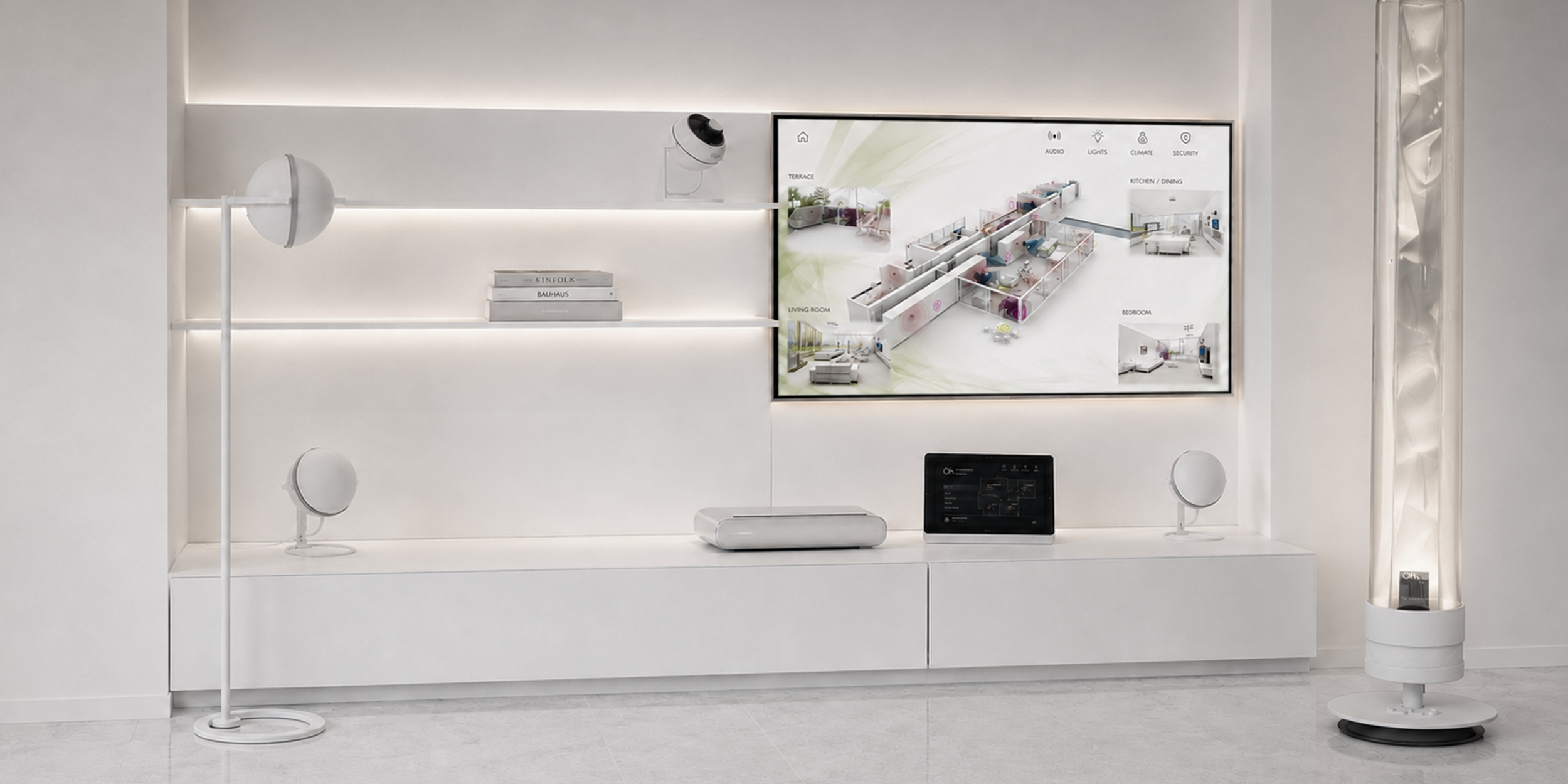 Tutondo home automation and multiroom audio interface showing an integrated wall system for controlling sound, media, lighting, and connected home environments.