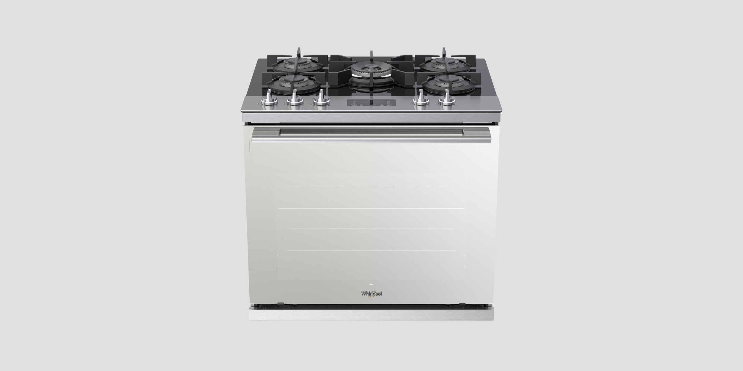 Whirlpool Side Swing Slide-in Range flagship gas stove showing a top-of-the-line cooking platform with burners, ergonomic controls, and market-ready appliance design.
