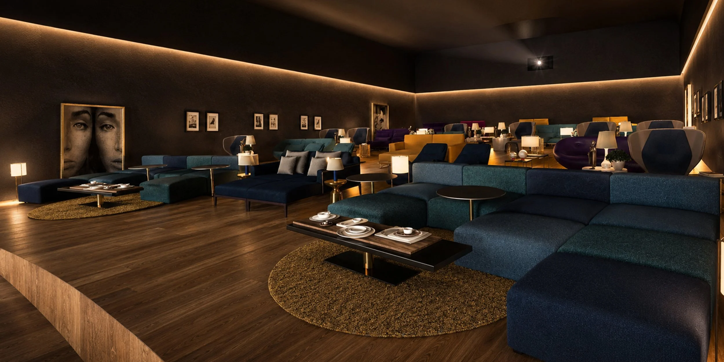 Cinépolis lounge cinema concept with colorful seating, framed artwork, soft lighting, and social entertainment experience design.