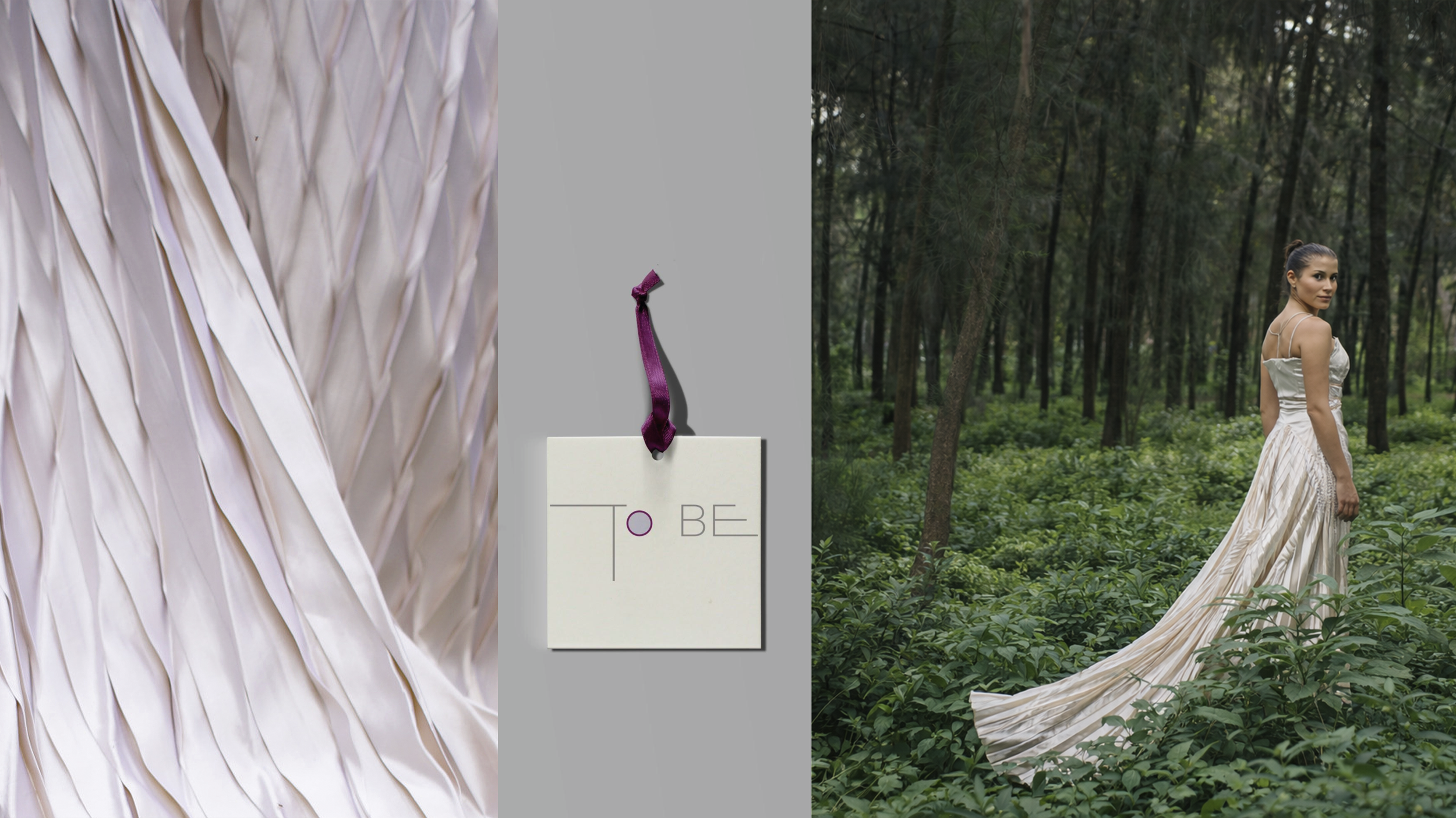 ToBE fashion design wedding dress with pleated silk fabric, branded tag, and elegant gown shown in a natural forest setting.