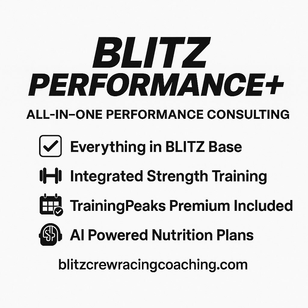 🚀 BLITZ Performance+ is here.

All-in-one performance consulting

✅ Everything included in BLITZ - Base
✅ Integrated strength training
✅ AI-powered nutrition plans
✅ TrainingPeaks Premium

Take the guesswork out of your progress.
🔗 Details at the l